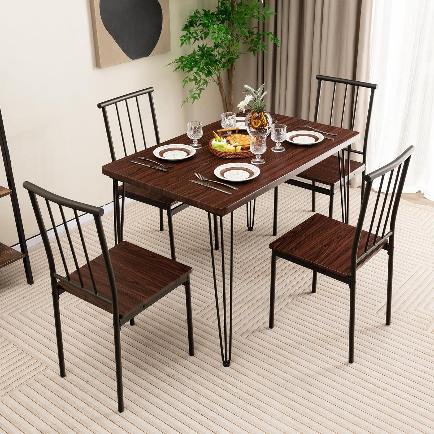 image:imageGiantex 5Piece Dining Table Set MidCentury Kitchen Table Set for 4 Wooden Table amp 4 Chairs with Metal Frame SpaceSaving Dinette Set for Small Place Kitchen Dining Room Cherry Brown