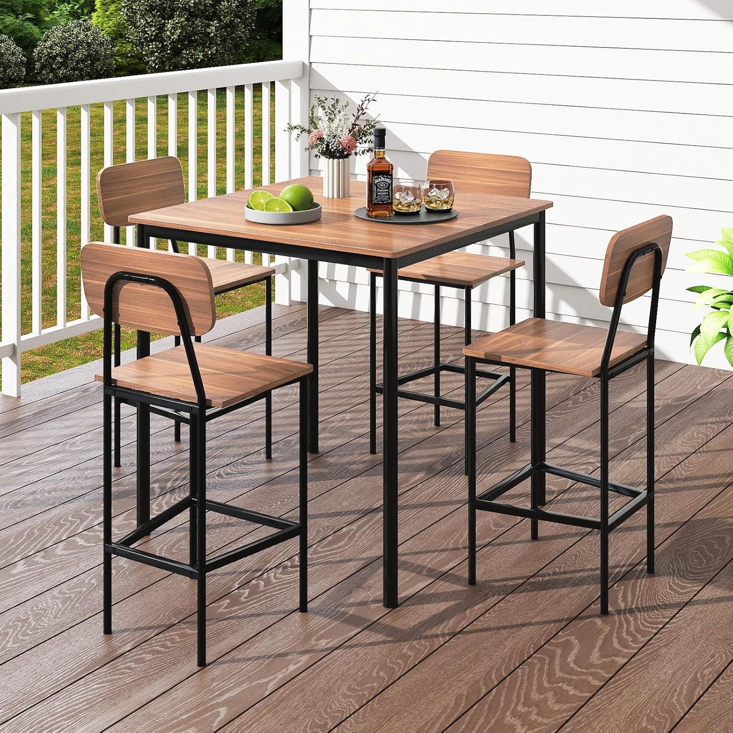 image:imageGiantex 5Piece Dining Table Set WCounter Height Table amp 4 Bar Stools Industrial Kitchen Dining Table Set WFootrest amp Backrest SpaceSaving Dinette Set for Pub Dining Room Restaurant TeakTeak