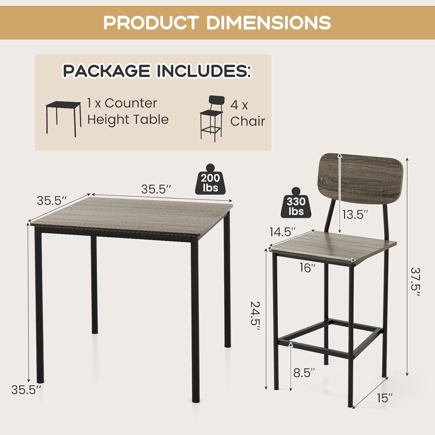 image:imageGiantex 5Piece Dining Table Set WCounter Height Table amp 4 Bar Stools Industrial Kitchen Dining Table Set WFootrest amp Backrest SpaceSaving Dinette Set for Pub Dining Room Restaurant TeakBlack Oak