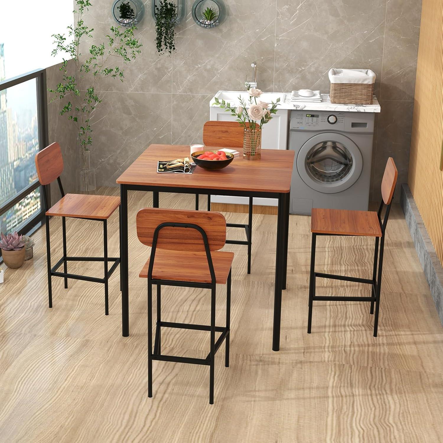 image:imageGiantex 5Piece Dining Table Set WCounter Height Table amp 4 Bar Stools Industrial Kitchen Dining Table Set WFootrest amp Backrest SpaceSaving Dinette Set for Pub Dining Room Restaurant TeakWalnut