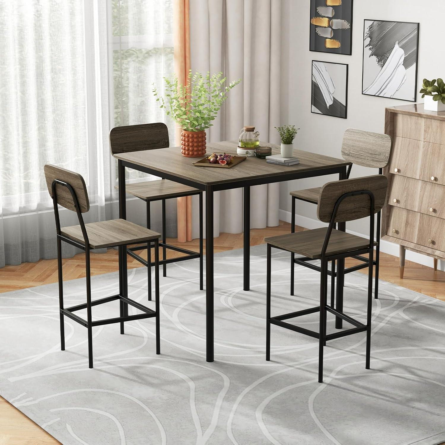 image:imageGiantex 5Piece Dining Table Set WCounter Height Table amp 4 Bar Stools Industrial Kitchen Dining Table Set WFootrest amp Backrest SpaceSaving Dinette Set for Pub Dining Room Restaurant TeakBlack Oak