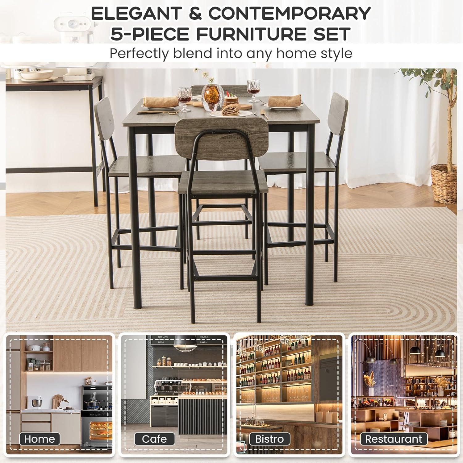 image:imageGiantex 5Piece Dining Table Set WCounter Height Table amp 4 Bar Stools Industrial Kitchen Dining Table Set WFootrest amp Backrest SpaceSaving Dinette Set for Pub Dining Room Restaurant TeakBlack Oak
