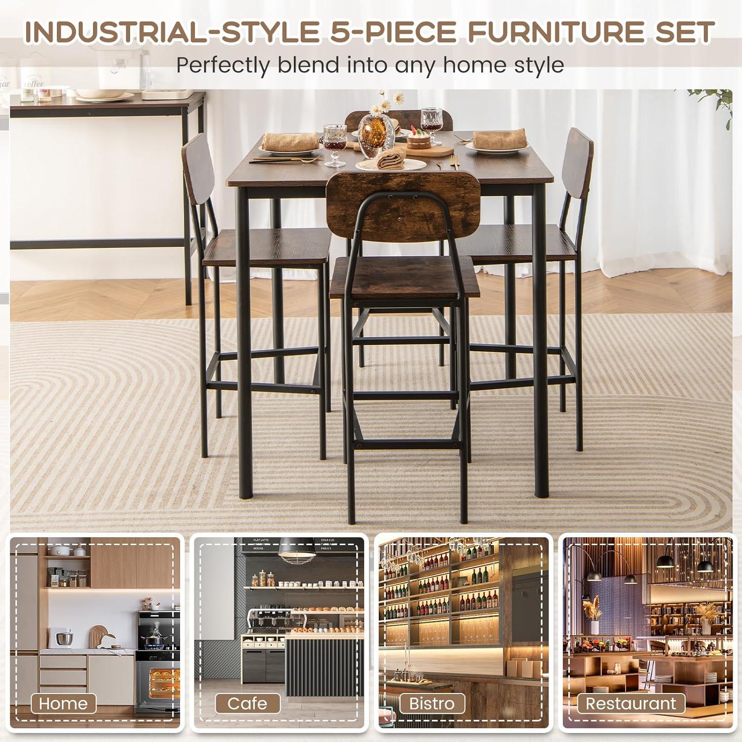 image:imageGiantex 5Piece Dining Table Set WCounter Height Table amp 4 Bar Stools Industrial Kitchen Dining Table Set WFootrest amp Backrest SpaceSaving Dinette Set for Pub Dining Room Restaurant TeakMix Brown