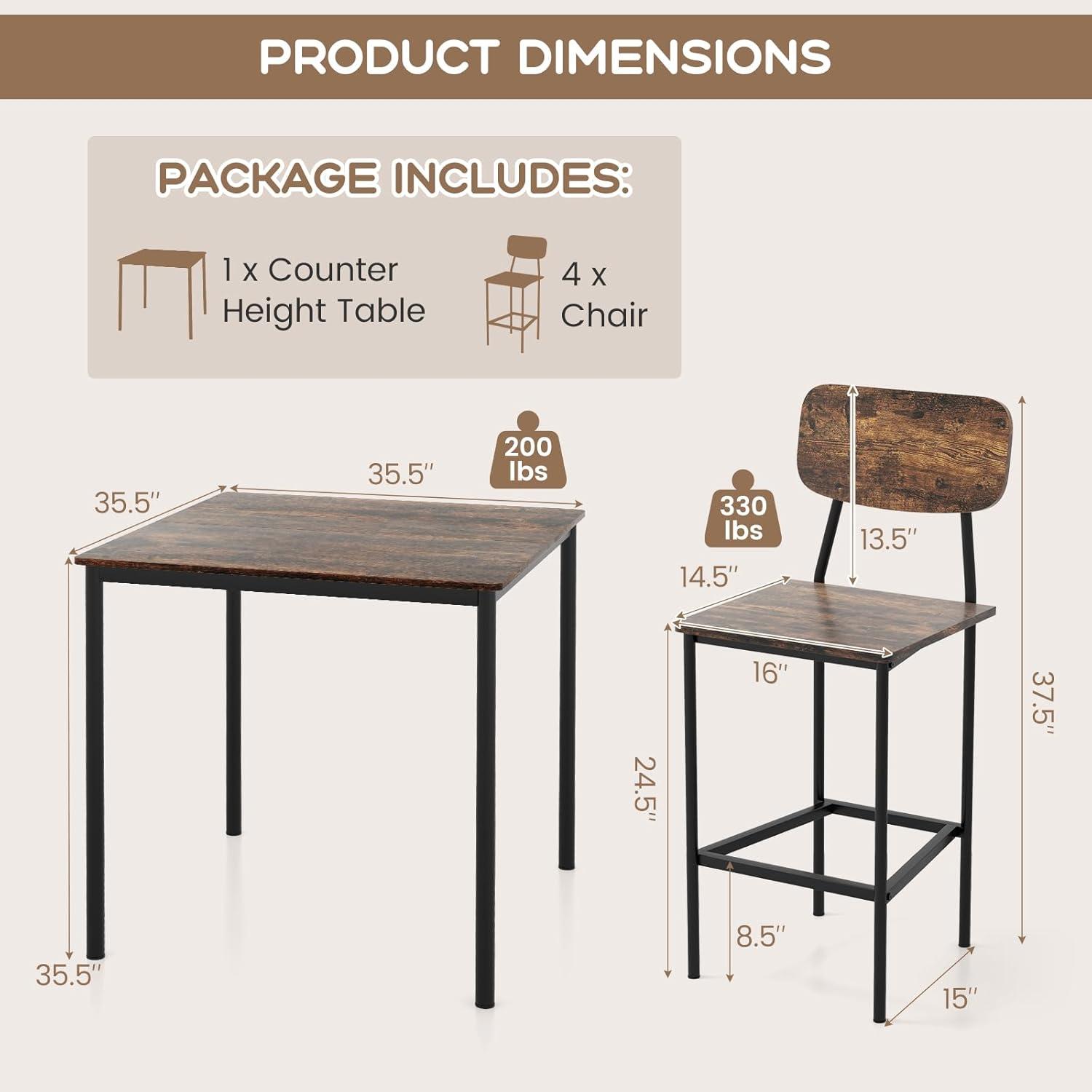image:imageGiantex 5Piece Dining Table Set WCounter Height Table amp 4 Bar Stools Industrial Kitchen Dining Table Set WFootrest amp Backrest SpaceSaving Dinette Set for Pub Dining Room Restaurant TeakMix Brown