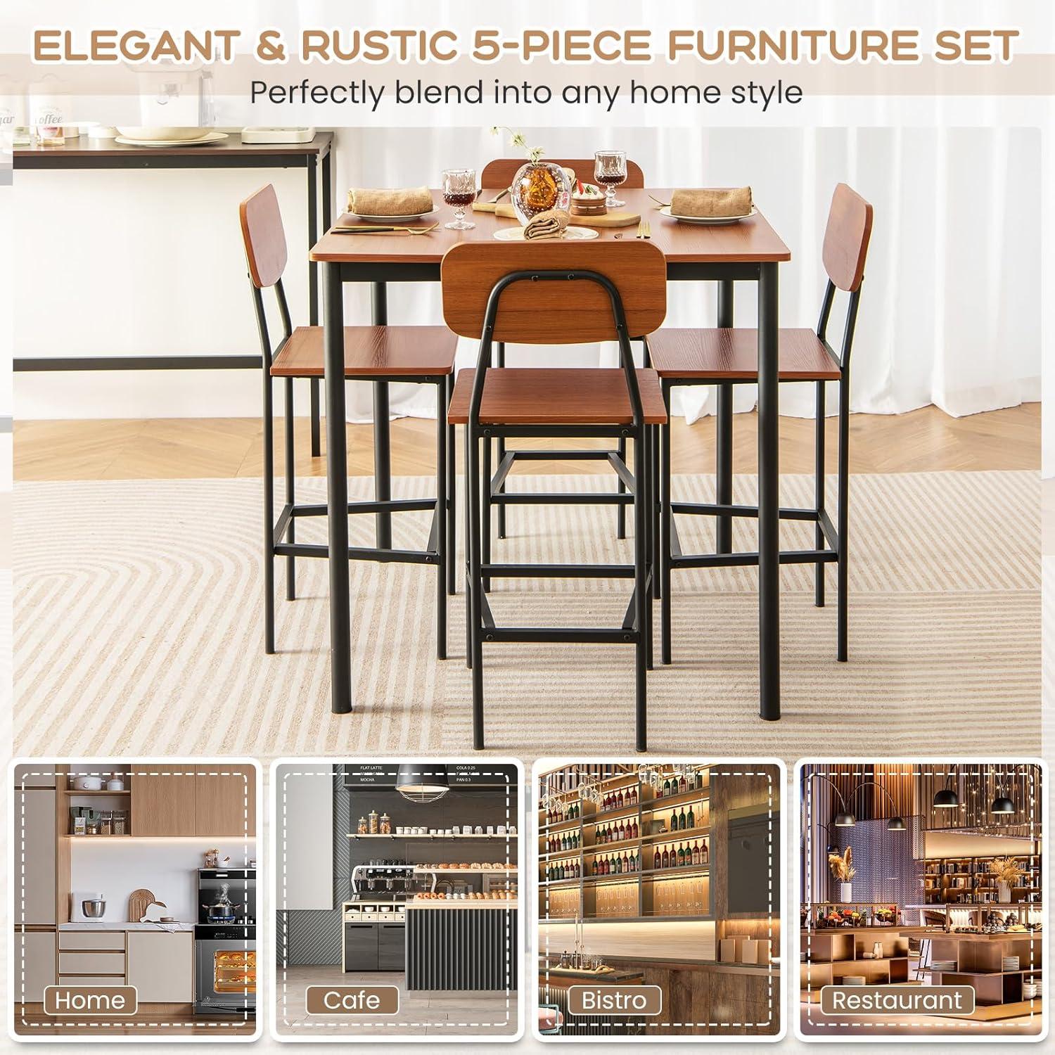 image:imageGiantex 5Piece Dining Table Set WCounter Height Table amp 4 Bar Stools Industrial Kitchen Dining Table Set WFootrest amp Backrest SpaceSaving Dinette Set for Pub Dining Room Restaurant TeakWalnut