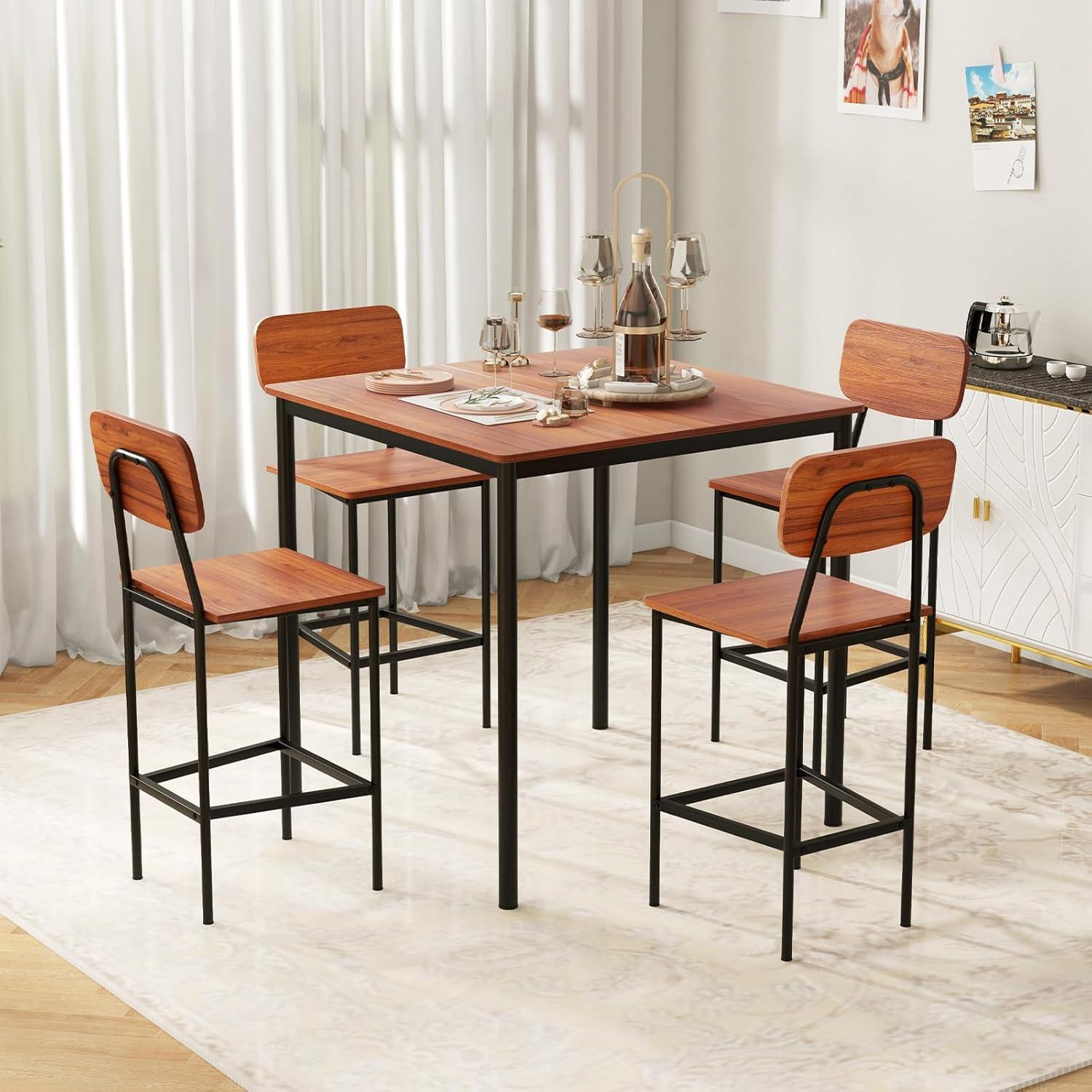 image:imageGiantex 5Piece Dining Table Set WCounter Height Table amp 4 Bar Stools Industrial Kitchen Dining Table Set WFootrest amp Backrest SpaceSaving Dinette Set for Pub Dining Room Restaurant TeakWalnut