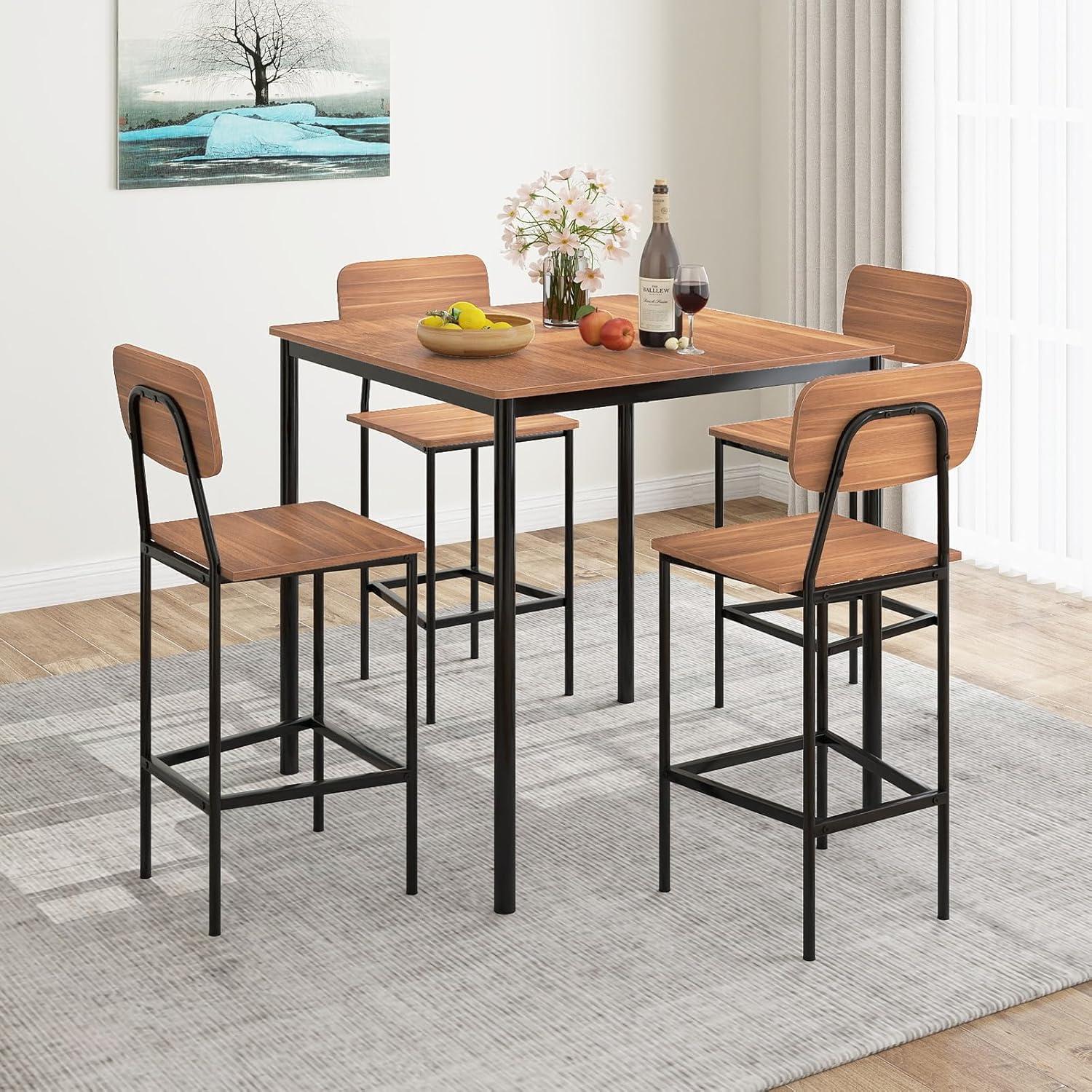 image:imageGiantex 5Piece Dining Table Set WCounter Height Table amp 4 Bar Stools Industrial Kitchen Dining Table Set WFootrest amp Backrest SpaceSaving Dinette Set for Pub Dining Room Restaurant TeakTeak