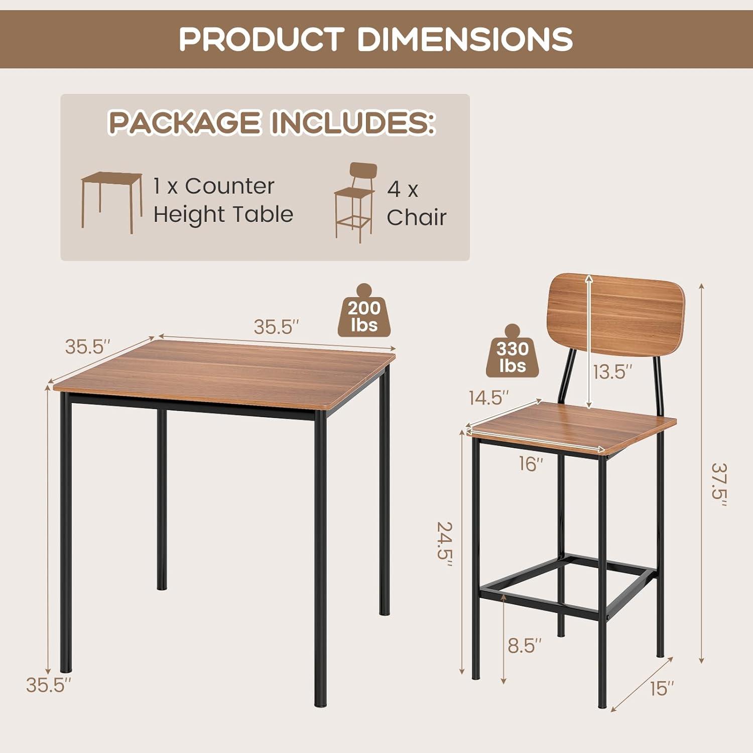 image:imageGiantex 5Piece Dining Table Set WCounter Height Table amp 4 Bar Stools Industrial Kitchen Dining Table Set WFootrest amp Backrest SpaceSaving Dinette Set for Pub Dining Room Restaurant TeakTeak