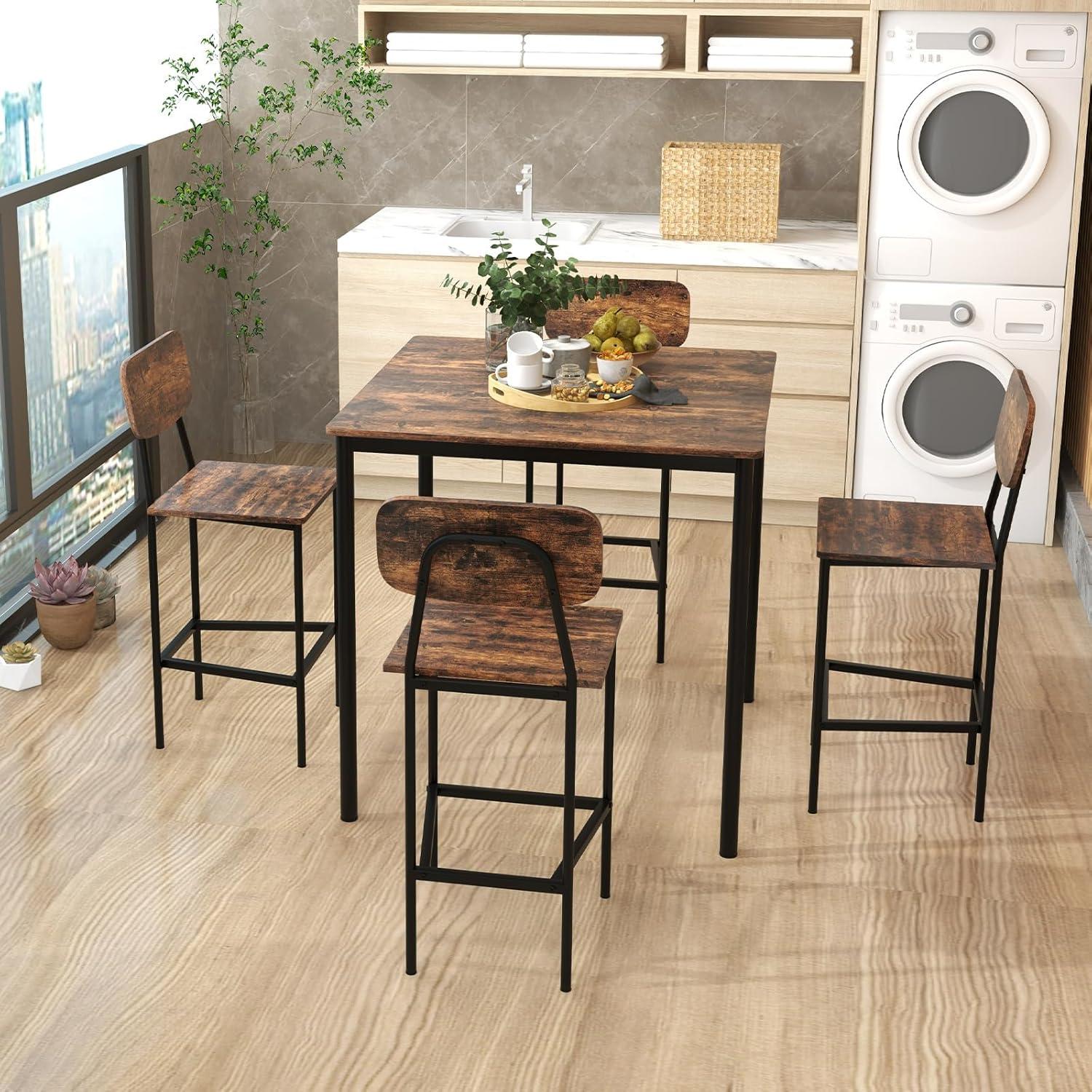 image:imageGiantex 5Piece Dining Table Set WCounter Height Table amp 4 Bar Stools Industrial Kitchen Dining Table Set WFootrest amp Backrest SpaceSaving Dinette Set for Pub Dining Room Restaurant TeakMix Brown