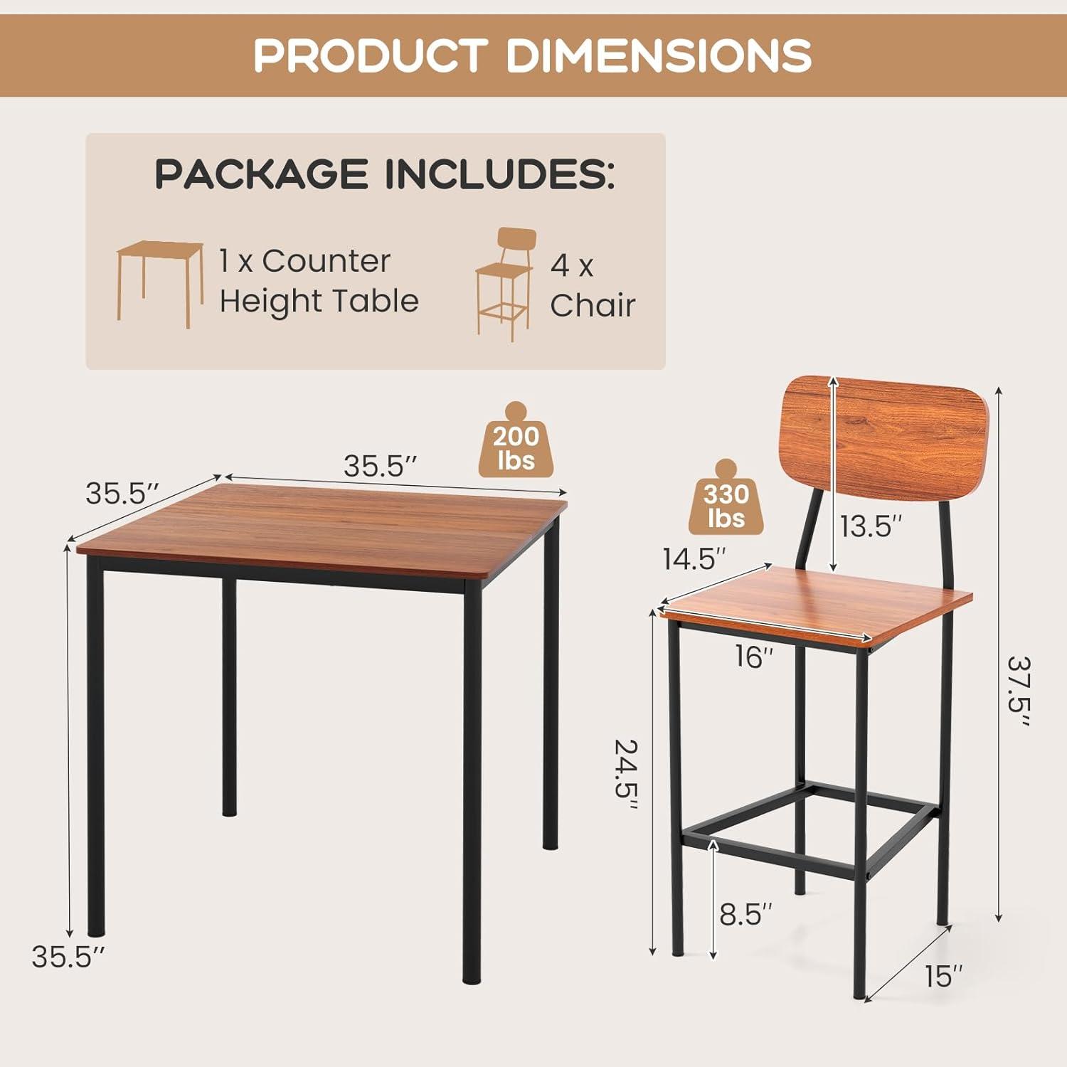 image:imageGiantex 5Piece Dining Table Set WCounter Height Table amp 4 Bar Stools Industrial Kitchen Dining Table Set WFootrest amp Backrest SpaceSaving Dinette Set for Pub Dining Room Restaurant TeakWalnut