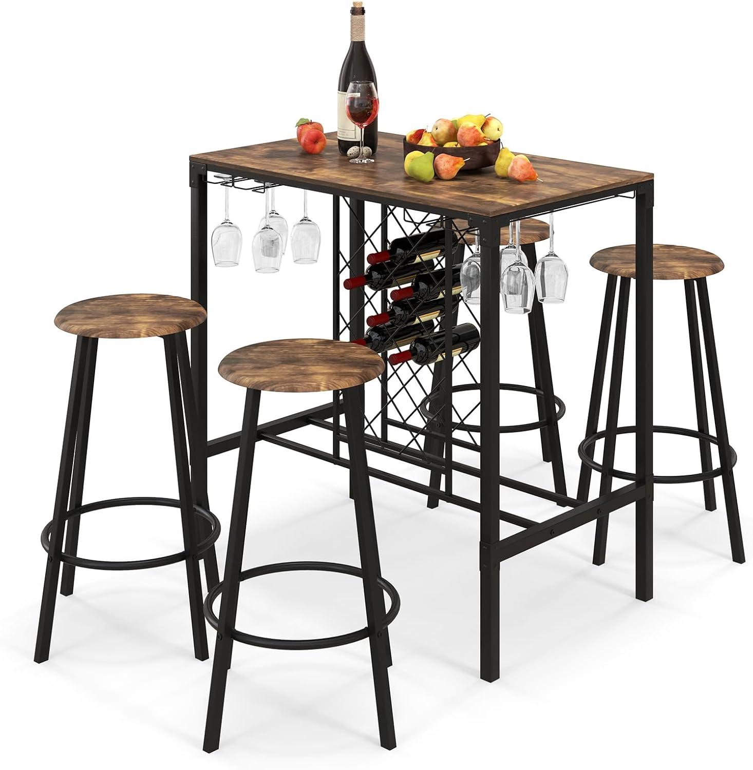 image:imageGiantex 5Piece Dining Table Set for 4 Multifunctional 395 x 235 Bar Table with Glass Holders Wine Rack 4 Barstools Kitchen Table and Chairs Set for Small Space Pub Dinette Living Room