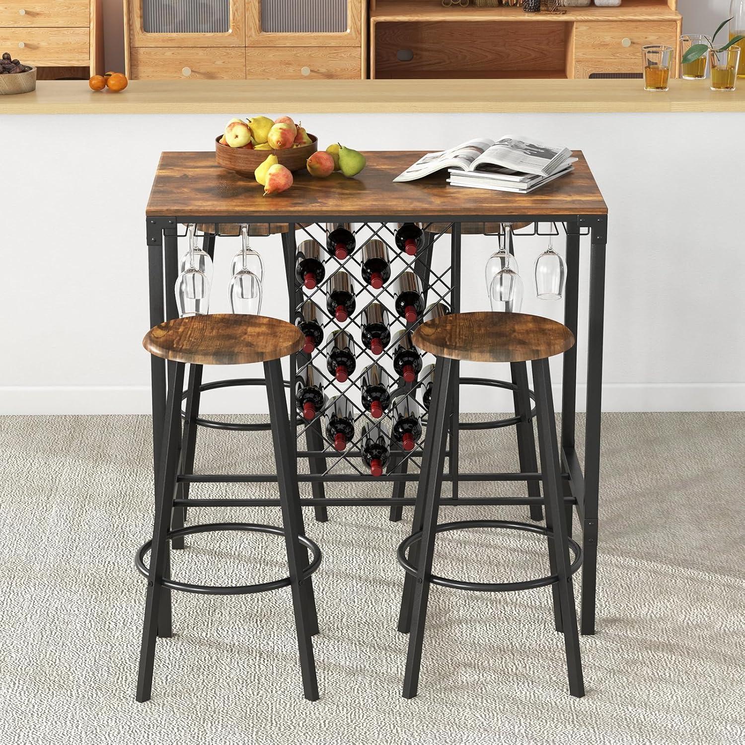 image:imageGiantex 5Piece Dining Table Set for 4 Multifunctional 395 x 235 Bar Table with Glass Holders Wine Rack 4 Barstools Kitchen Table and Chairs Set for Small Space Pub Dinette Living Room