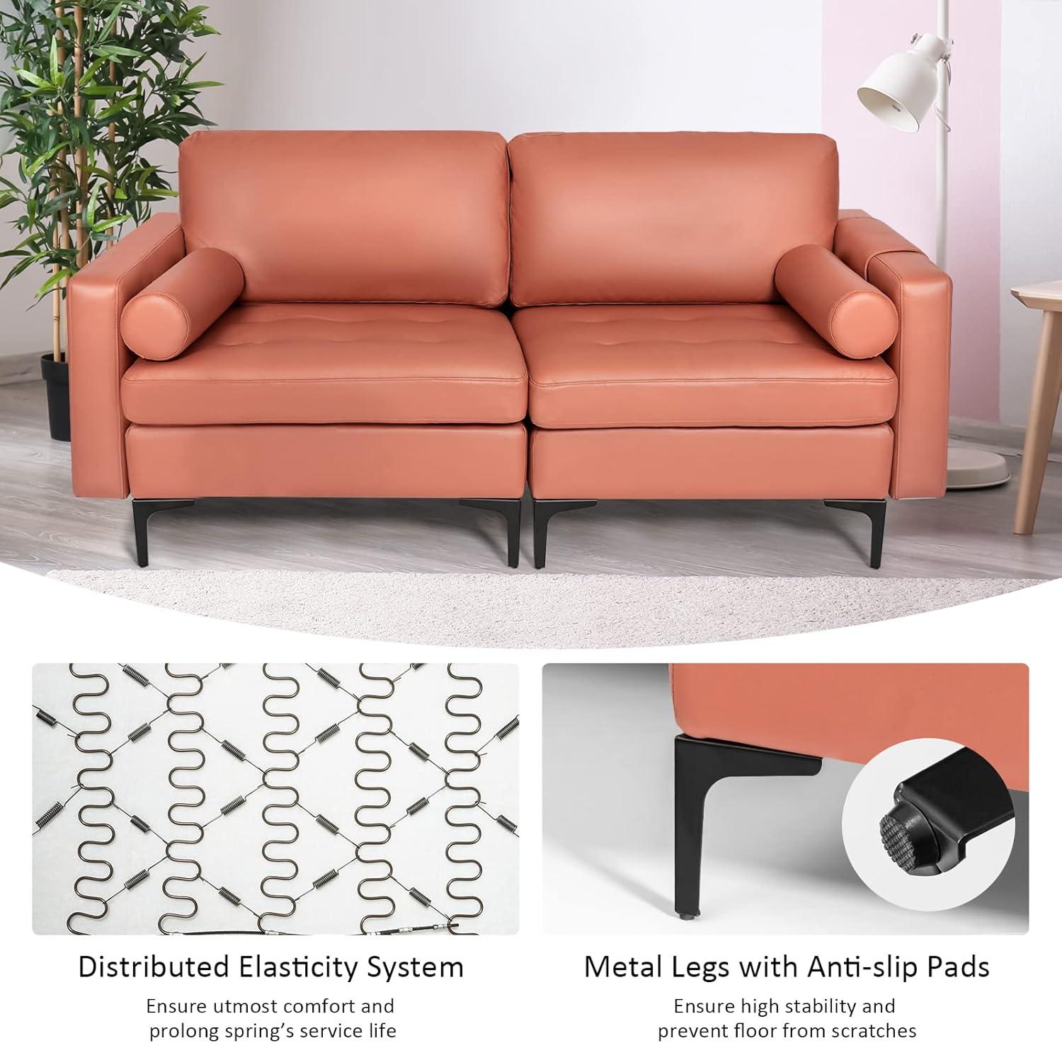 image:imageGiantex 68 Modern Loveseat 2Seater Sofa Couch Thick Cushion amp 2 Bolsters Armrest Magazine Cabby with 2 Pockets Metal Legs Ideal for Living Room Reception Room OfficeRed