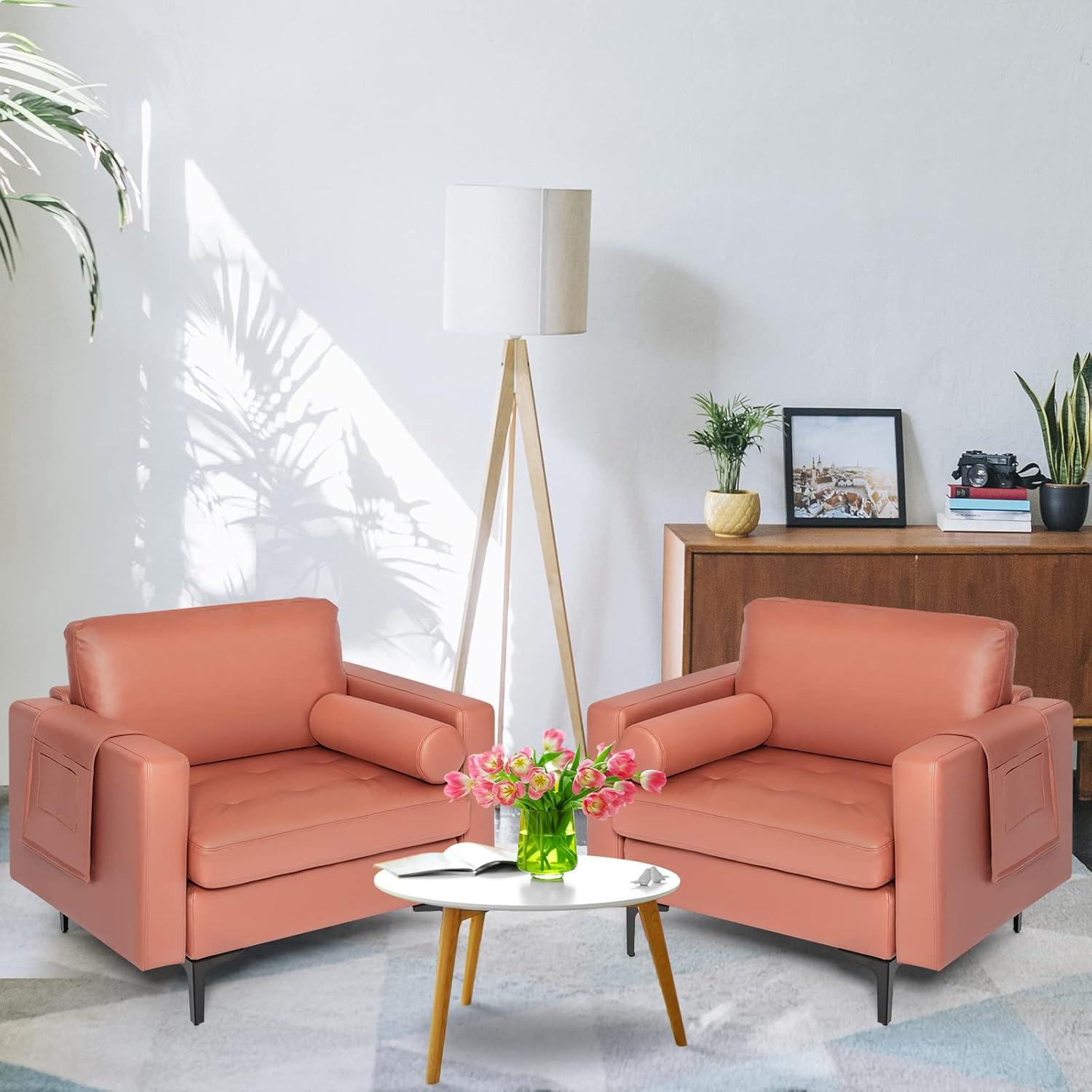 image:imageGiantex 68 Modern Loveseat 2Seater Sofa Couch Thick Cushion amp 2 Bolsters Armrest Magazine Cabby with 2 Pockets Metal Legs Ideal for Living Room Reception Room OfficeRed