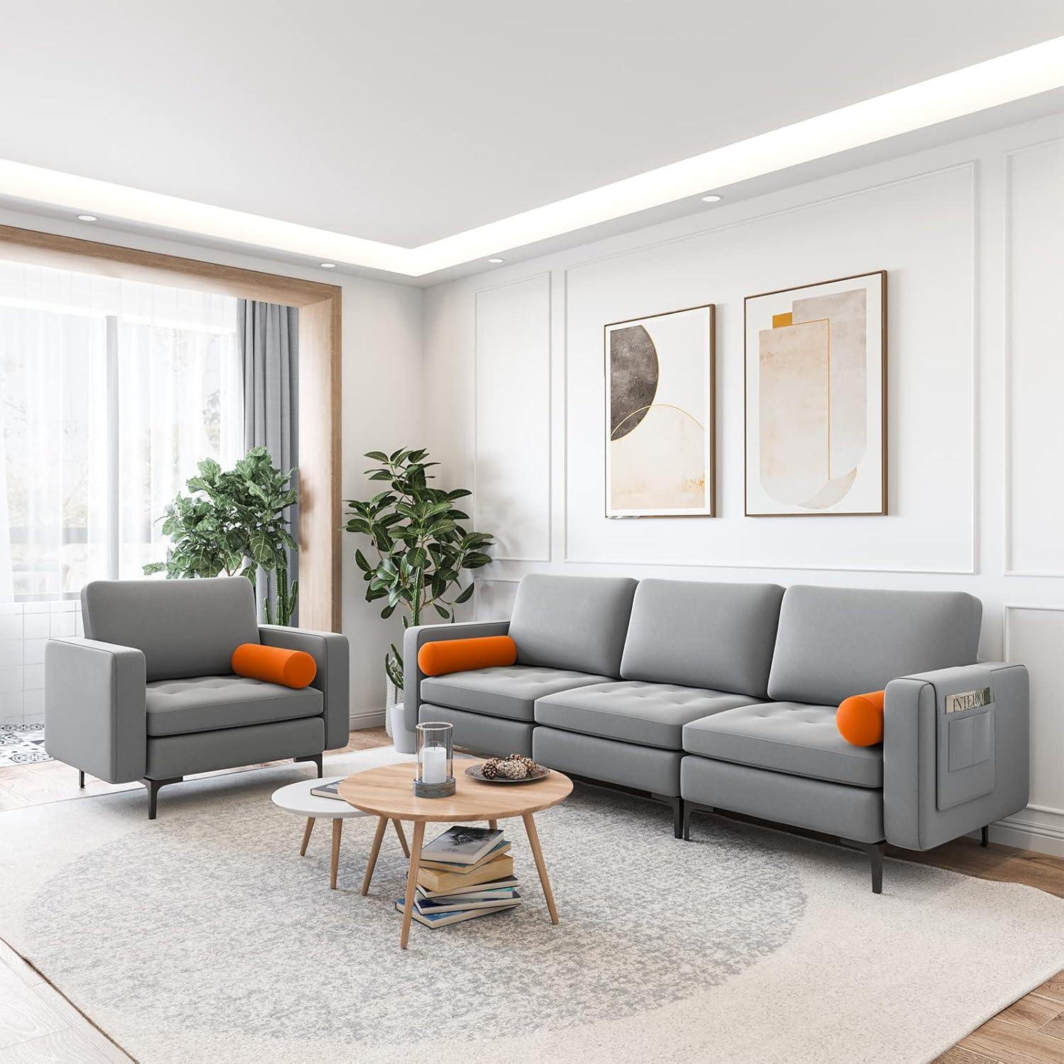 image:imageGiantex 68 Modern Loveseat 2Seater Sofa Couch Thick Cushion amp 2 Bolsters Armrest Magazine Cabby with 2 Pockets Metal Legs Ideal for Living Room Reception Room Office Dark GreyGreyorange