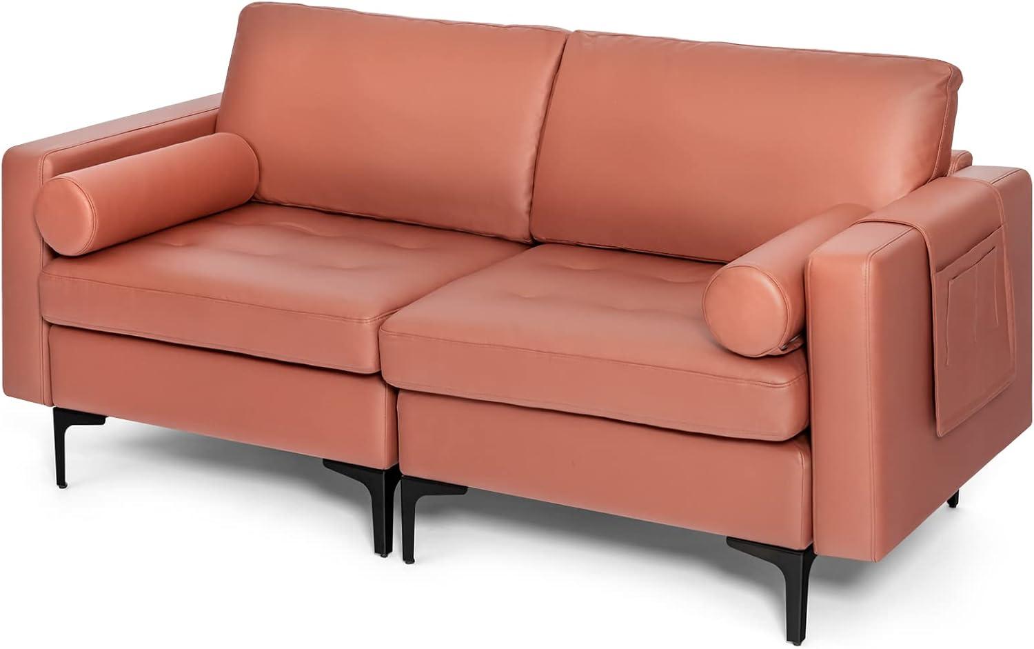 image:imageGiantex 68 Modern Loveseat 2Seater Sofa Couch Thick Cushion amp 2 Bolsters Armrest Magazine Cabby with 2 Pockets Metal Legs Ideal for Living Room Reception Room OfficeRed