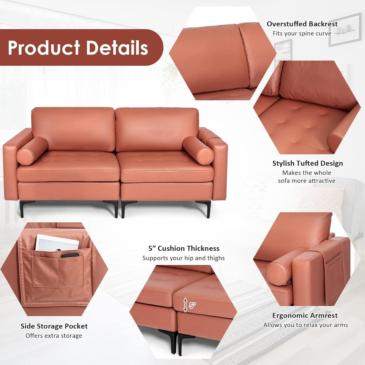 image:imageGiantex 68 Modern Loveseat 2Seater Sofa Couch Thick Cushion amp 2 Bolsters Armrest Magazine Cabby with 2 Pockets Metal Legs Ideal for Living Room Reception Room OfficeRed