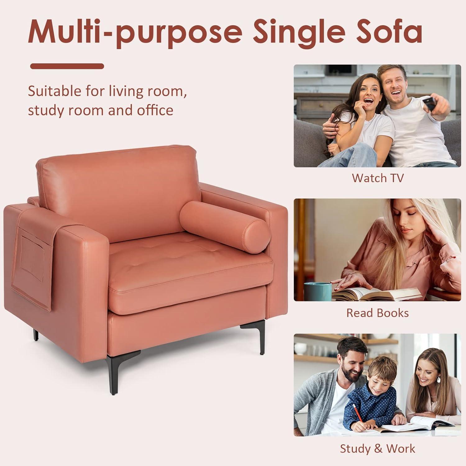 image:imageGiantex 68 Modern Loveseat 2Seater Sofa Couch Thick Cushion amp 2 Bolsters Armrest Magazine Cabby with 2 Pockets Metal Legs Ideal for Living Room Reception Room OfficeRed