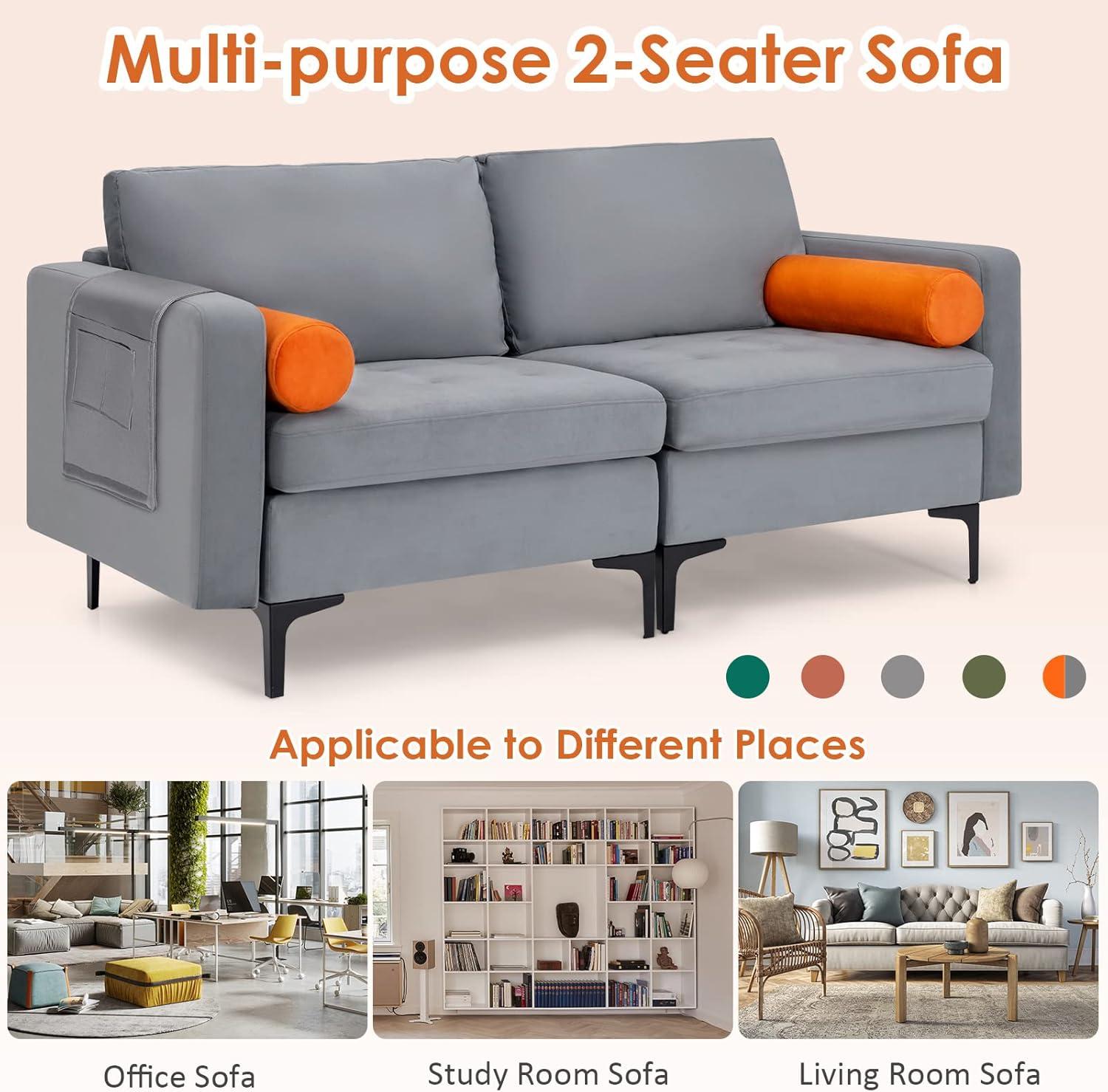 image:imageGiantex 68 Modern Loveseat 2Seater Sofa Couch Thick Cushion amp 2 Bolsters Armrest Magazine Cabby with 2 Pockets Metal Legs Ideal for Living Room Reception Room Office Dark GreyGreyorange