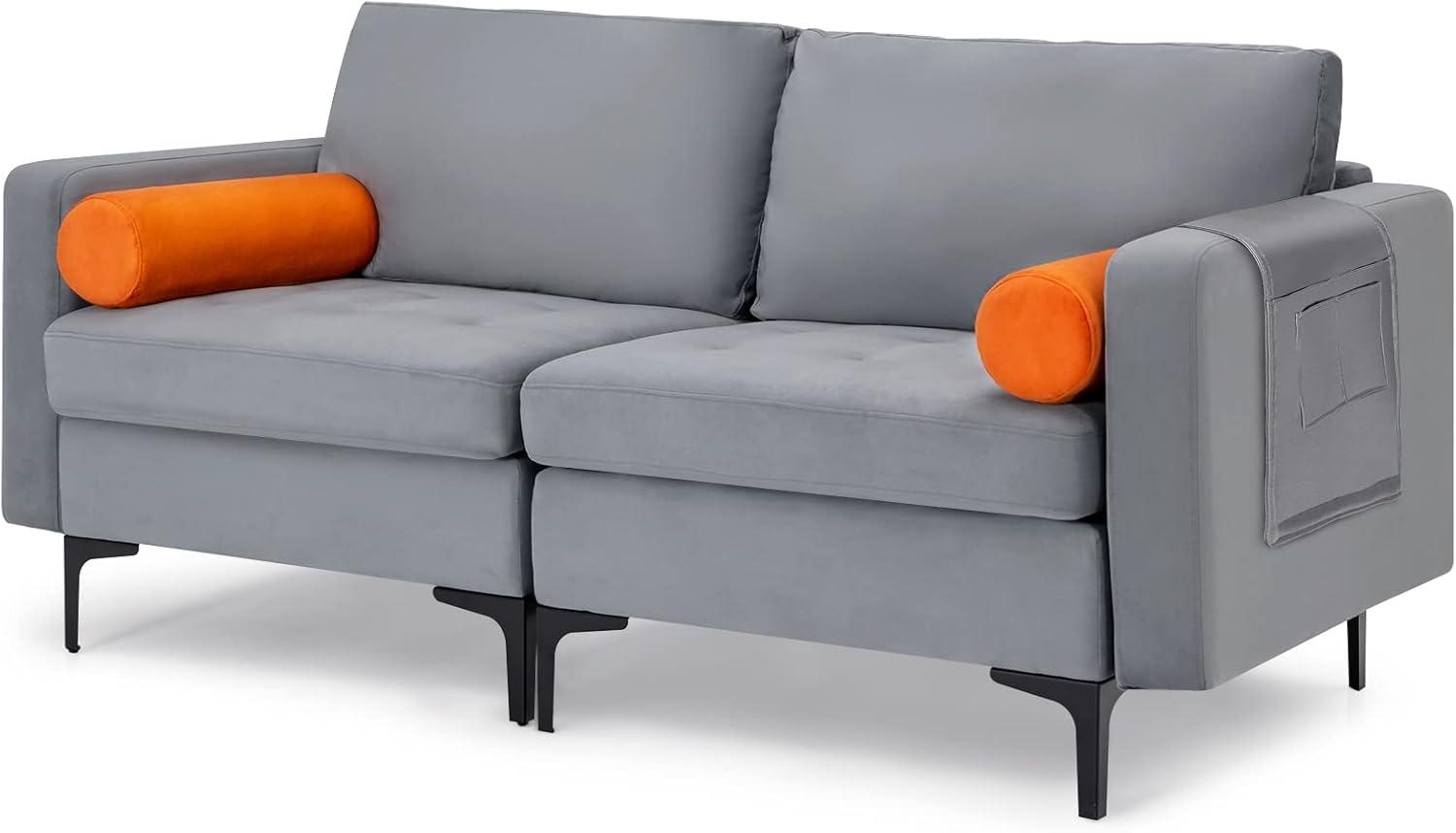 image:imageGiantex 68 Modern Loveseat 2Seater Sofa Couch Thick Cushion amp 2 Bolsters Armrest Magazine Cabby with 2 Pockets Metal Legs Ideal for Living Room Reception Room Office Dark GreyGreyorange