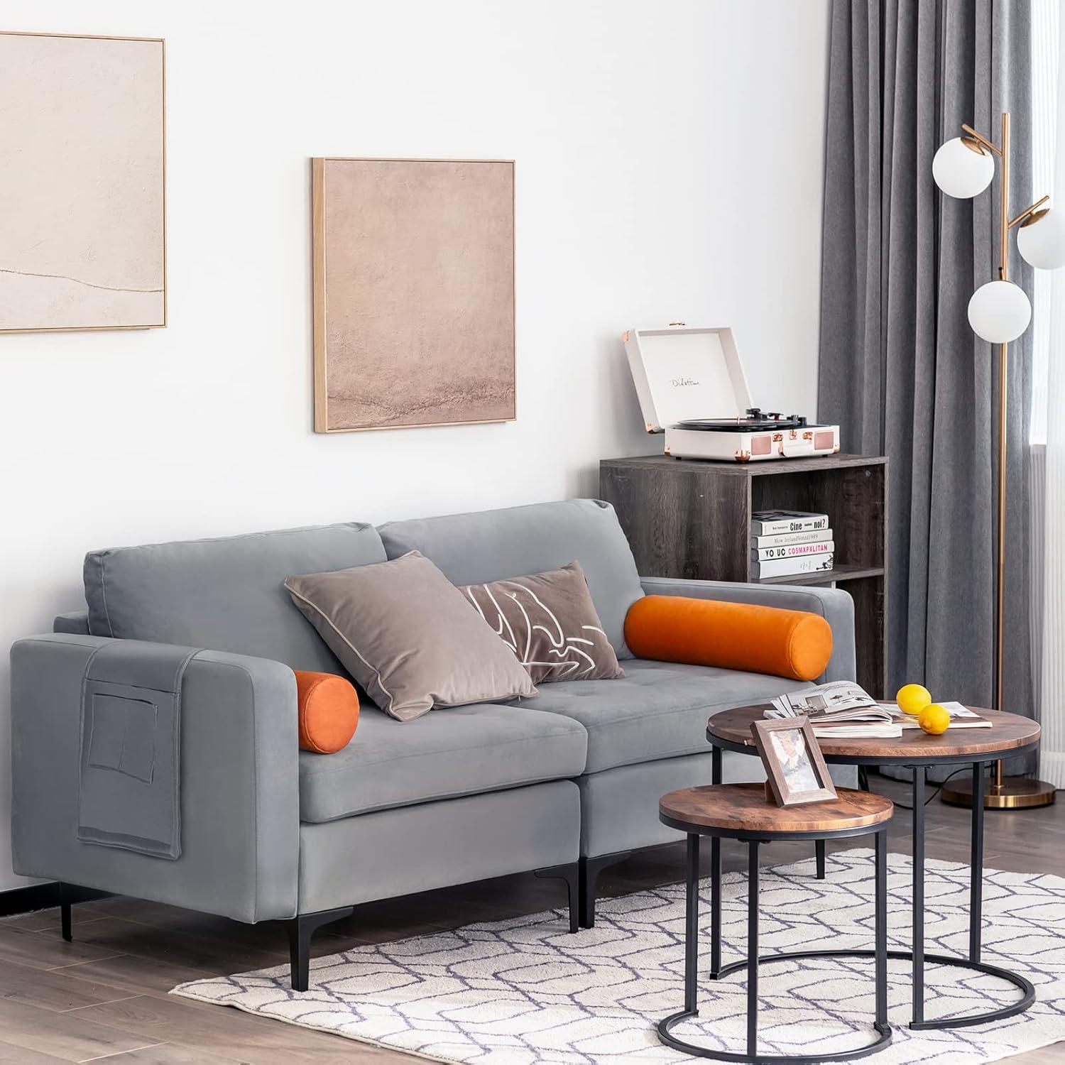 image:imageGiantex 68 Modern Loveseat 2Seater Sofa Couch Thick Cushion amp 2 Bolsters Armrest Magazine Cabby with 2 Pockets Metal Legs Ideal for Living Room Reception Room Office Dark GreyGreyorange