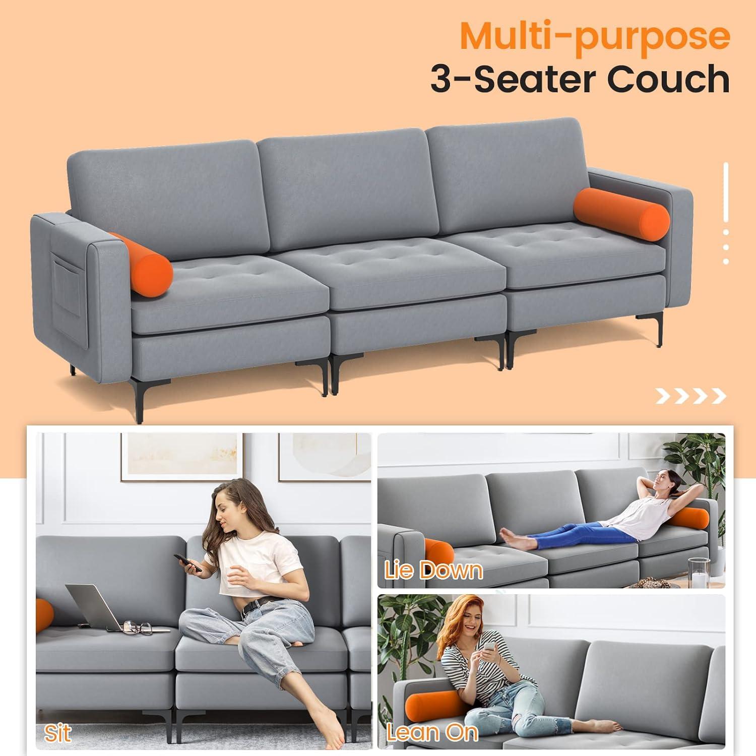 image:imageGiantex 68 Modern Loveseat 2Seater Sofa Couch Thick Cushion amp 2 Bolsters Armrest Magazine Cabby with 2 Pockets Metal Legs Ideal for Living Room Reception Room Office Dark GreyGreyorange