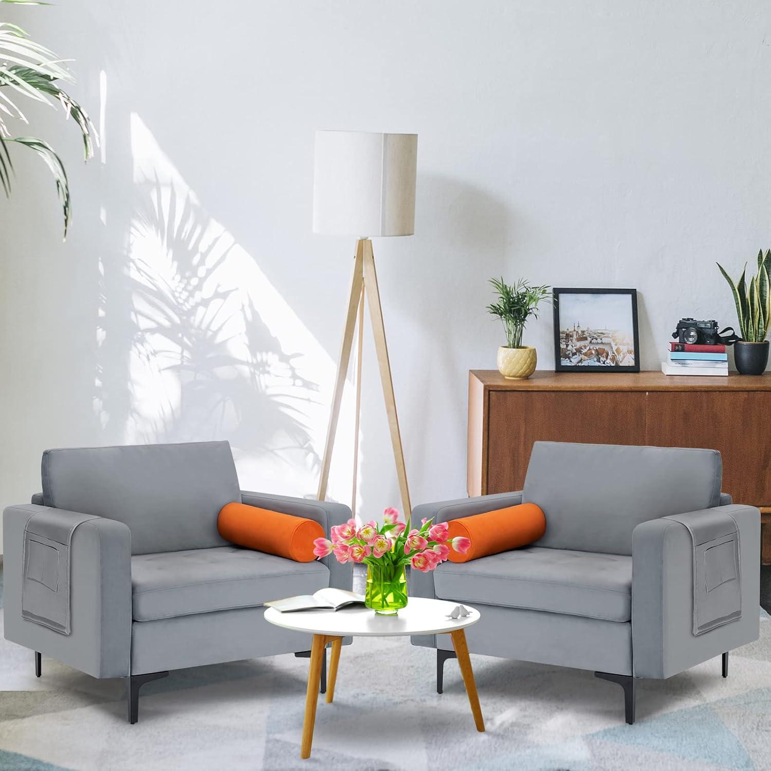 image:imageGiantex 68 Modern Loveseat 2Seater Sofa Couch Thick Cushion amp 2 Bolsters Armrest Magazine Cabby with 2 Pockets Metal Legs Ideal for Living Room Reception Room Office Dark GreyGreyorange