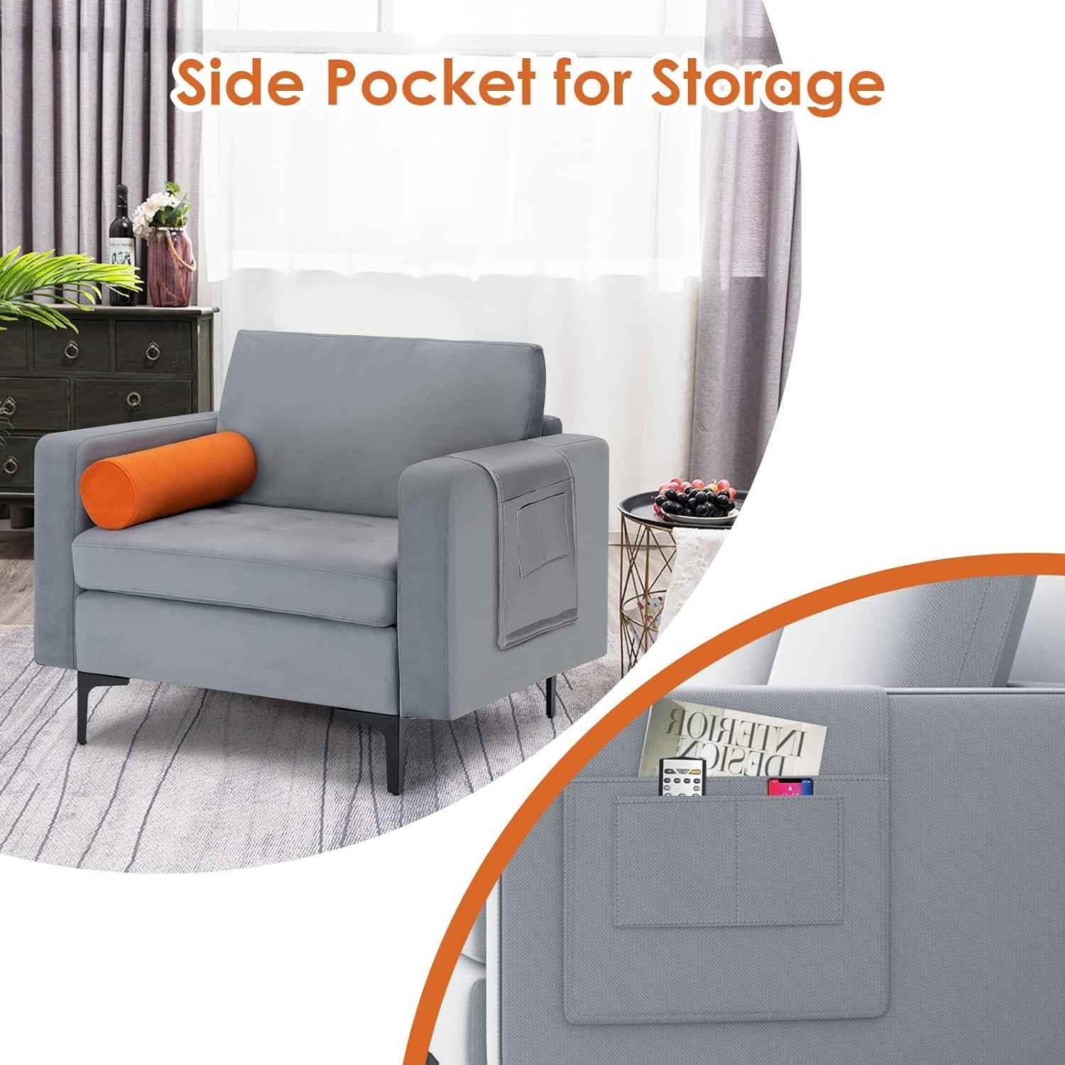 image:imageGiantex 68 Modern Loveseat 2Seater Sofa Couch Thick Cushion amp 2 Bolsters Armrest Magazine Cabby with 2 Pockets Metal Legs Ideal for Living Room Reception Room Office Dark GreyGreyorange