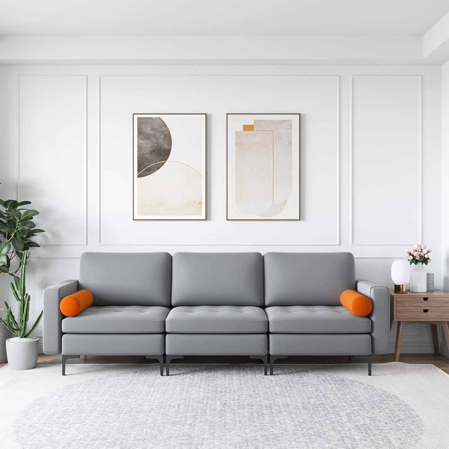 image:imageGiantex 68 Modern Loveseat 2Seater Sofa Couch Thick Cushion amp 2 Bolsters Armrest Magazine Cabby with 2 Pockets Metal Legs Ideal for Living Room Reception Room Office Dark GreyGreyorange