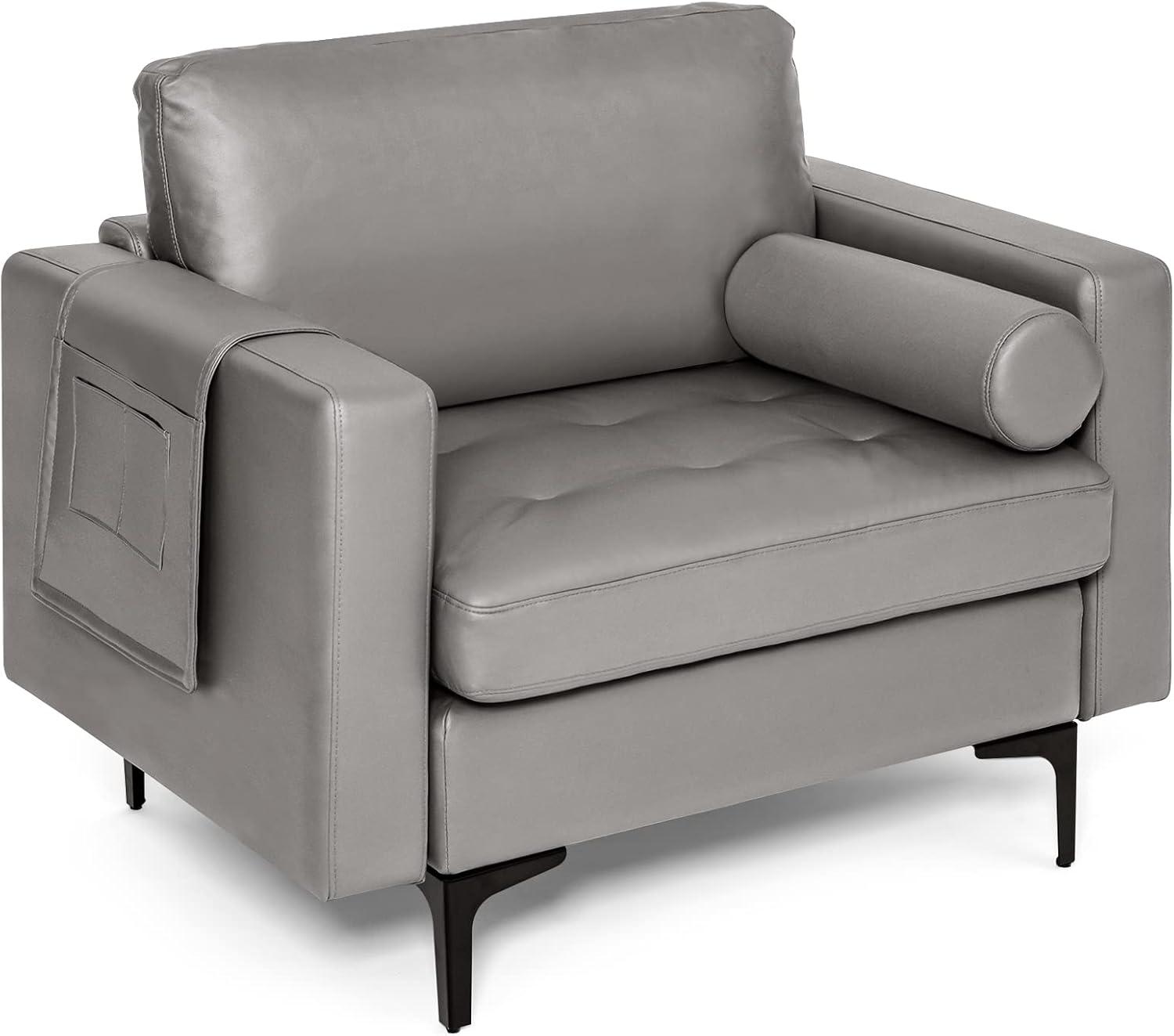 image:imageGiantex 97 Sectional Sofa Couch 3Seater Modular Sleeper with USB Ports 3Hole Socket Thick Cushion 2 Bolsters Armrest Magazine Pocket Metal Legs for Living Room Reception Bedroom Dark GreyDark Grey