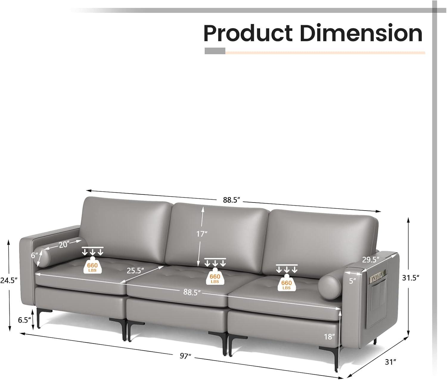 image:imageGiantex 97 Sectional Sofa Couch 3Seater Modular Sleeper with USB Ports 3Hole Socket Thick Cushion 2 Bolsters Armrest Magazine Pocket Metal Legs for Living Room Reception Bedroom Dark GreyDark Grey