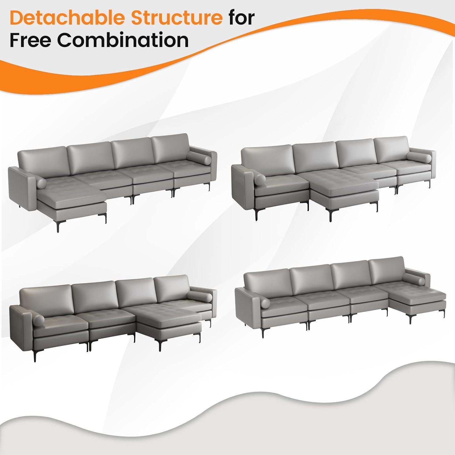 image:imageGiantex 97 Sectional Sofa Couch 3Seater Modular Sleeper with USB Ports 3Hole Socket Thick Cushion 2 Bolsters Armrest Magazine Pocket Metal Legs for Living Room Reception Bedroom Dark GreyDark Grey