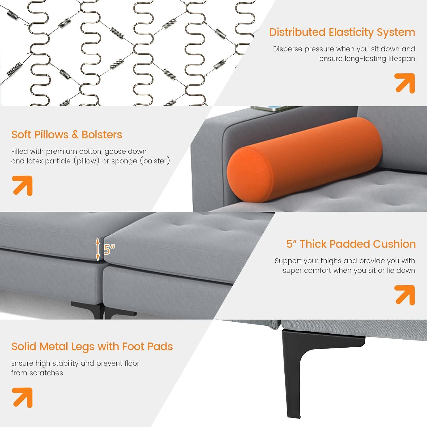 image:imageGiantex 97 Sectional Sofa Couch 3Seater Modular Sleeper with USB Ports 3Hole Socket Thick Cushion 2 Bolsters Armrest Magazine Pocket Metal Legs for Living Room Reception Bedroom Dark GreyGreyorange