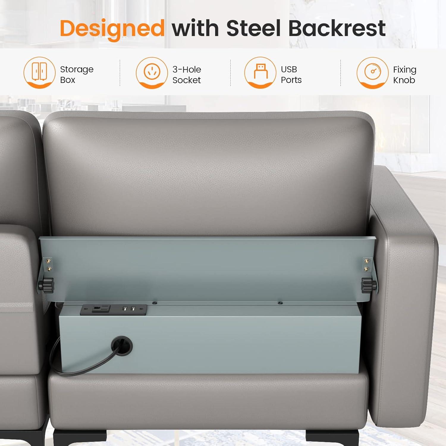 image:imageGiantex 97 Sectional Sofa Couch 3Seater Modular Sleeper with USB Ports 3Hole Socket Thick Cushion 2 Bolsters Armrest Magazine Pocket Metal Legs for Living Room Reception Bedroom Dark GreyDark Grey