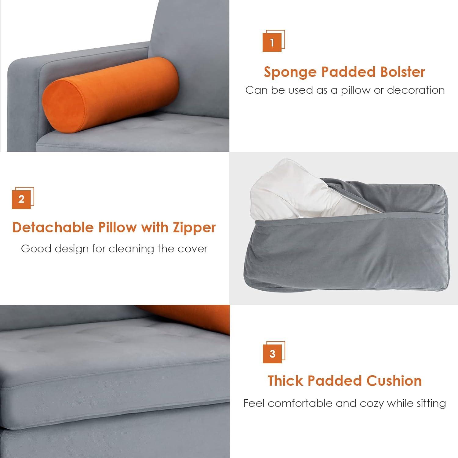 image:imageGiantex 97 Sectional Sofa Couch 3Seater Modular Sleeper with USB Ports 3Hole Socket Thick Cushion 2 Bolsters Armrest Magazine Pocket Metal Legs for Living Room Reception Bedroom Dark GreyGreyorange