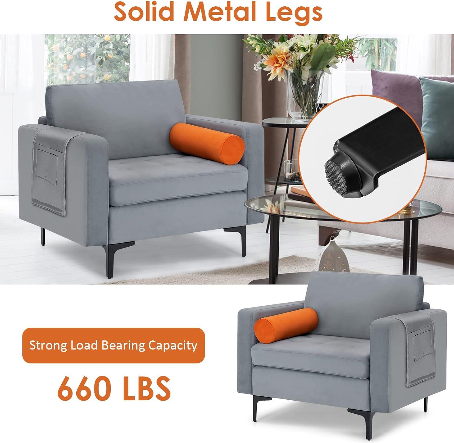 image:imageGiantex 97 Sectional Sofa Couch 3Seater Modular Sleeper with USB Ports 3Hole Socket Thick Cushion 2 Bolsters Armrest Magazine Pocket Metal Legs for Living Room Reception Bedroom Dark GreyGreyorange