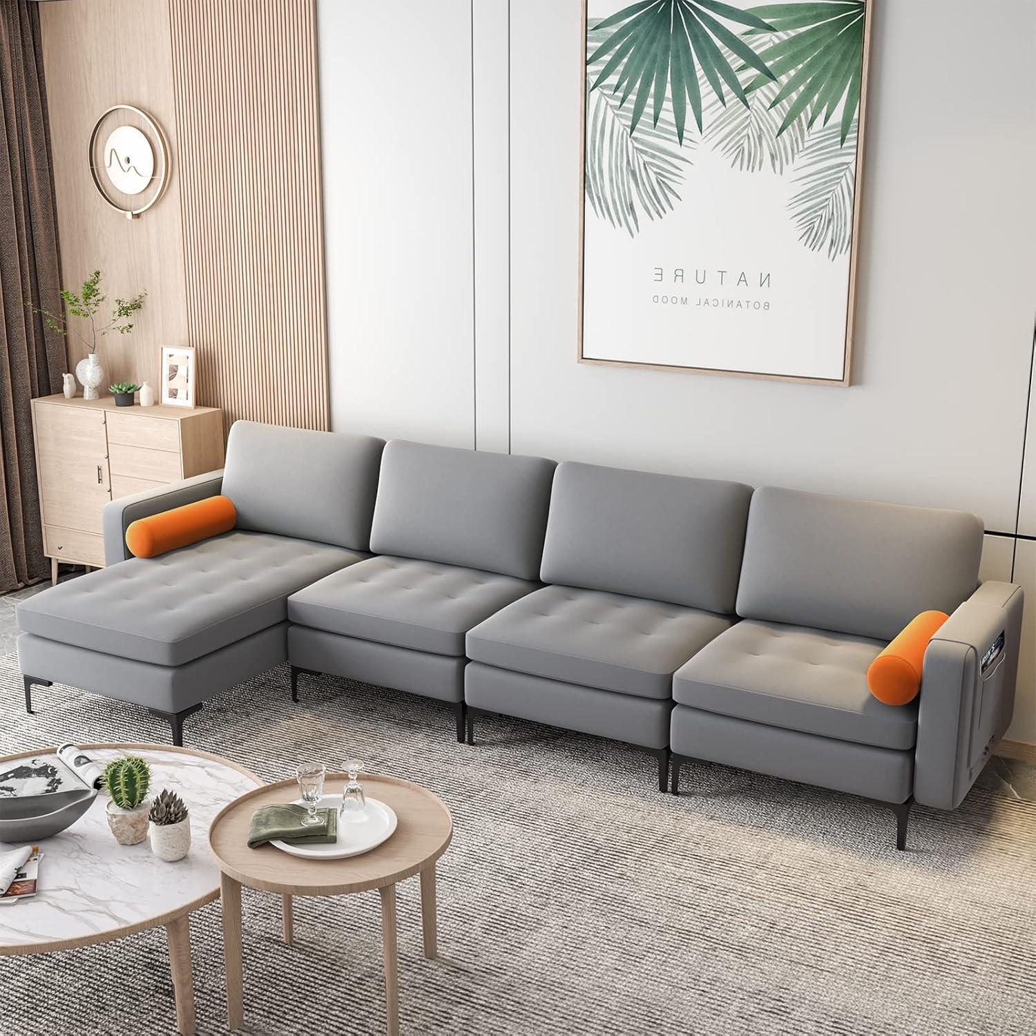 image:imageGiantex 97 Sectional Sofa Couch 3Seater Modular Sleeper with USB Ports 3Hole Socket Thick Cushion 2 Bolsters Armrest Magazine Pocket Metal Legs for Living Room Reception Bedroom Dark GreyGreyorange