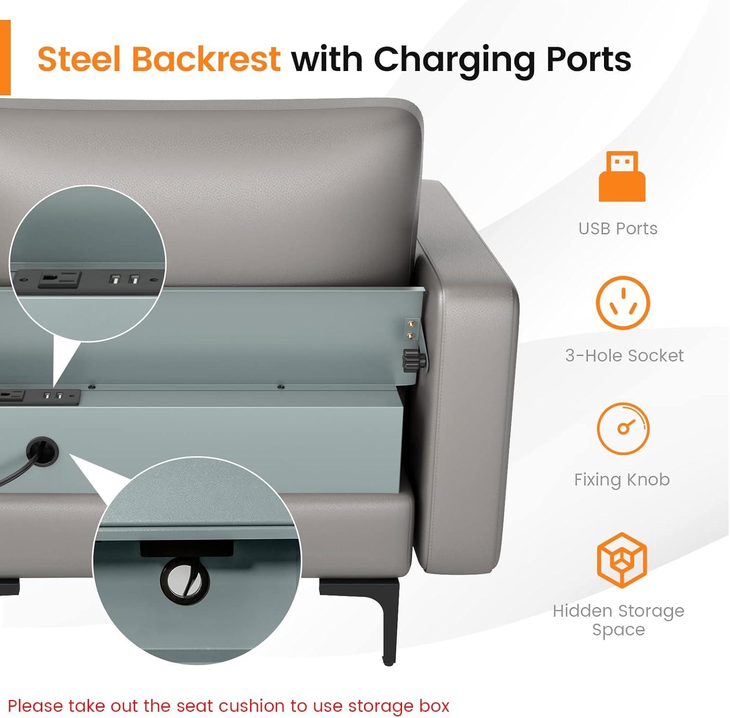 image:imageGiantex 97 Sectional Sofa Couch 3Seater Modular Sleeper with USB Ports 3Hole Socket Thick Cushion 2 Bolsters Armrest Magazine Pocket Metal Legs for Living Room Reception Bedroom Dark GreyDark Grey