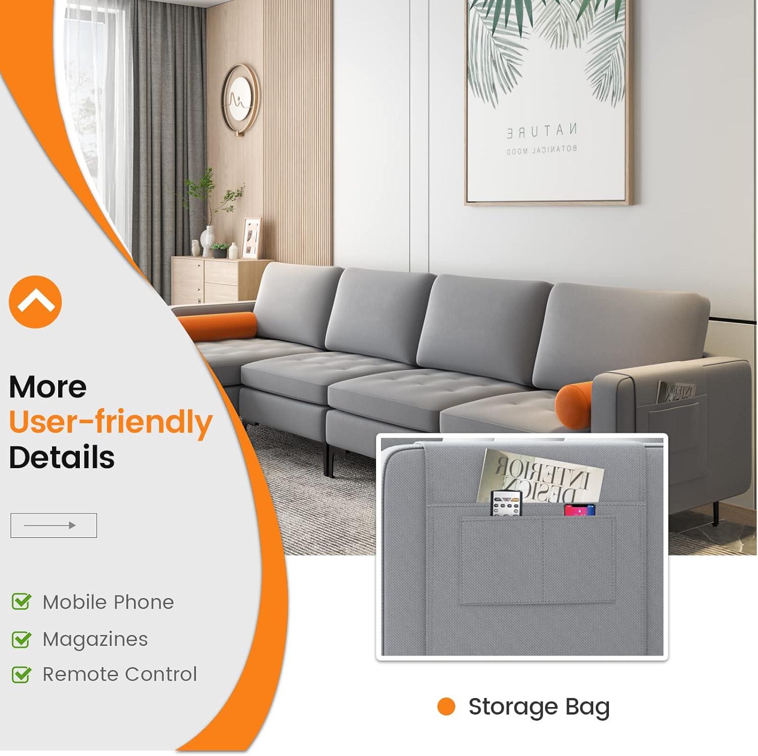 image:imageGiantex 97 Sectional Sofa Couch 3Seater Modular Sleeper with USB Ports 3Hole Socket Thick Cushion 2 Bolsters Armrest Magazine Pocket Metal Legs for Living Room Reception Bedroom Dark GreyGreyorange