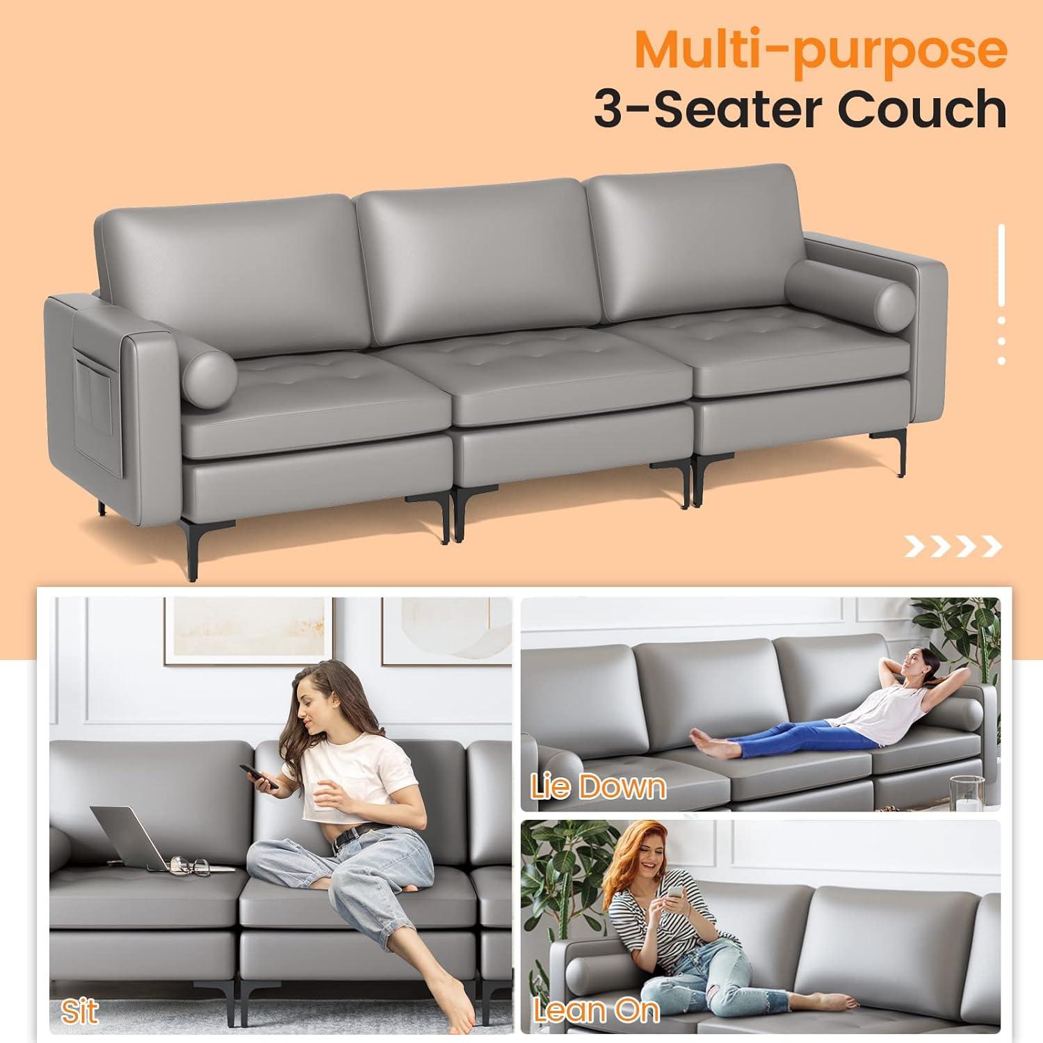 image:imageGiantex 97 Sectional Sofa Couch 3Seater Modular Sleeper with USB Ports 3Hole Socket Thick Cushion 2 Bolsters Armrest Magazine Pocket Metal Legs for Living Room Reception Bedroom Dark GreyDark Grey