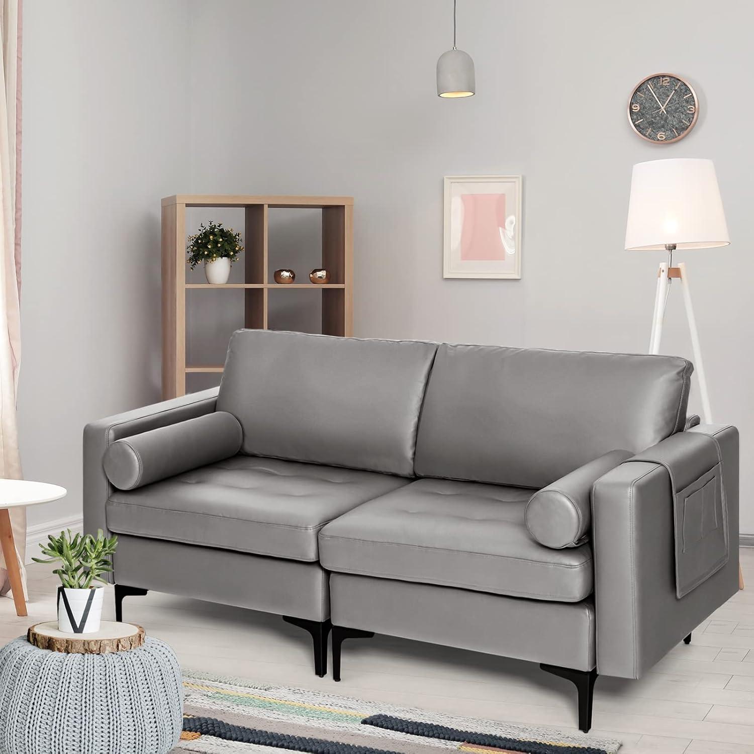 image:imageGiantex 97 Sectional Sofa Couch 3Seater Modular Sleeper with USB Ports 3Hole Socket Thick Cushion 2 Bolsters Armrest Magazine Pocket Metal Legs for Living Room Reception Bedroom Dark GreyDark Grey