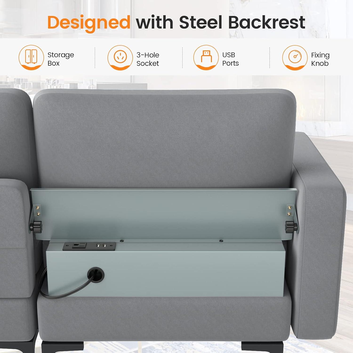 image:imageGiantex 97 Sectional Sofa Couch 3Seater Modular Sleeper with USB Ports 3Hole Socket Thick Cushion 2 Bolsters Armrest Magazine Pocket Metal Legs for Living Room Reception Bedroom Dark GreyGreyorange