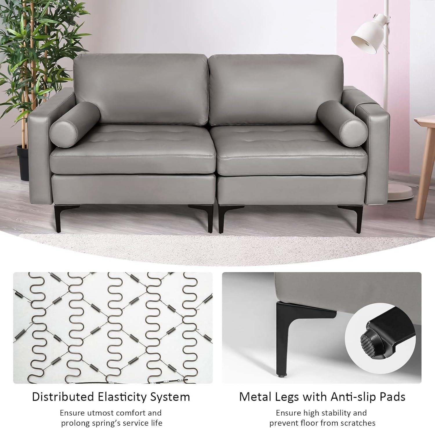 image:imageGiantex 97 Sectional Sofa Couch 3Seater Modular Sleeper with USB Ports 3Hole Socket Thick Cushion 2 Bolsters Armrest Magazine Pocket Metal Legs for Living Room Reception Bedroom Dark GreyDark Grey
