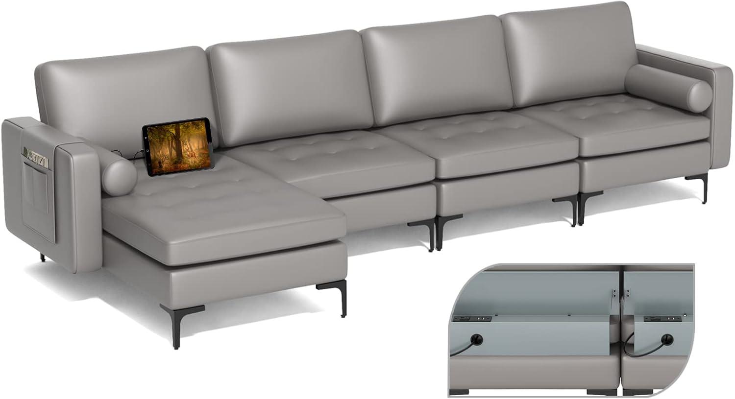 image:imageGiantex 97 Sectional Sofa Couch 3Seater Modular Sleeper with USB Ports 3Hole Socket Thick Cushion 2 Bolsters Armrest Magazine Pocket Metal Legs for Living Room Reception Bedroom Dark GreyDark Grey