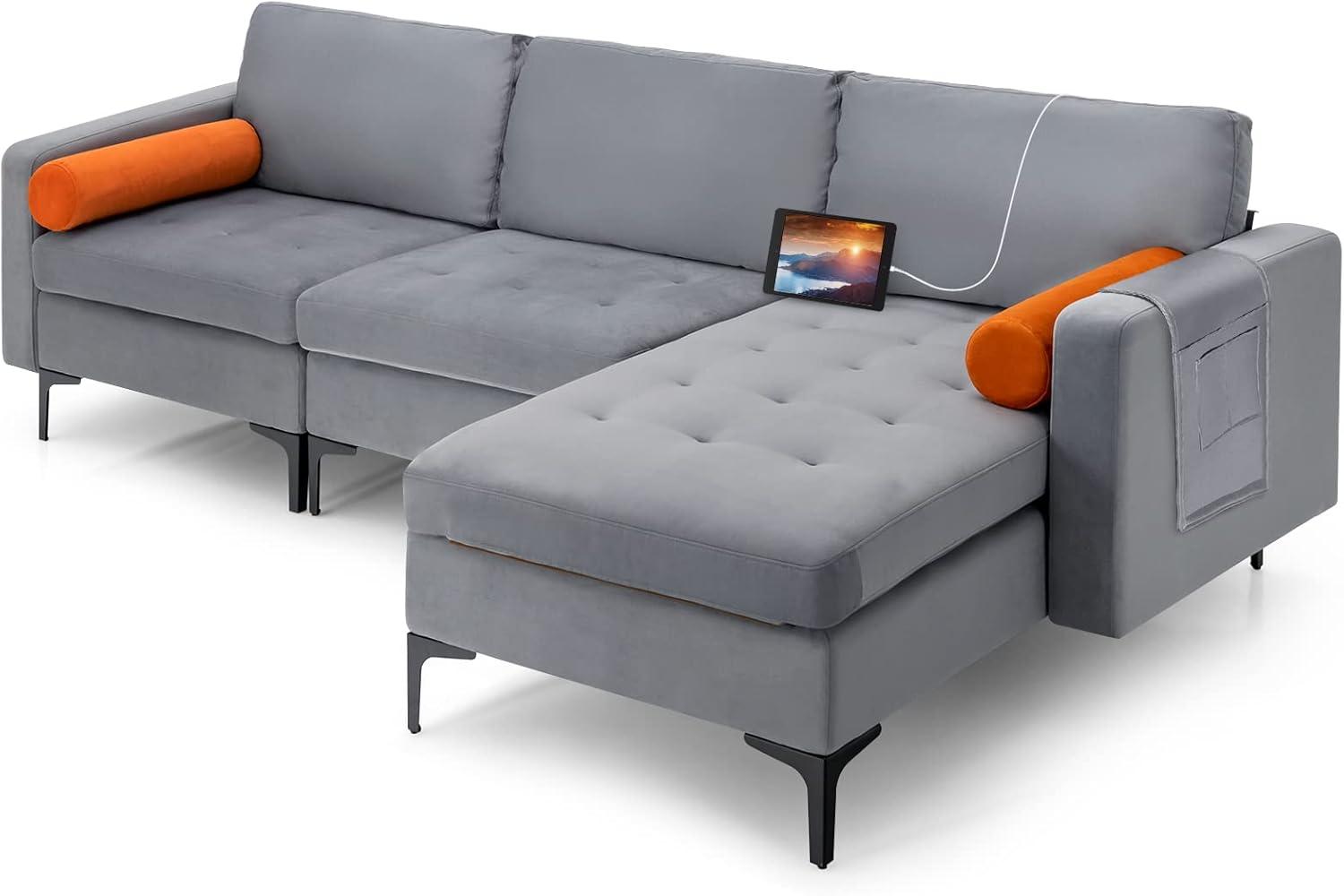 image:imageGiantex 97 Sectional Sofa Couch 3Seater Modular Sleeper with USB Ports 3Hole Socket Thick Cushion 2 Bolsters Armrest Magazine Pocket Metal Legs for Living Room Reception Bedroom Dark GreyGreyorange