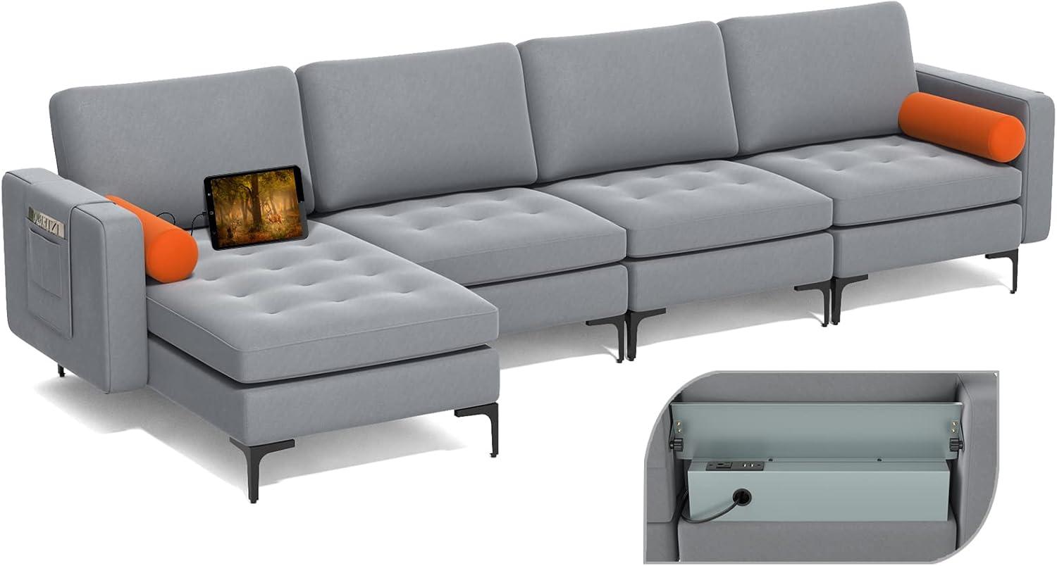 image:imageGiantex 97 Sectional Sofa Couch 3Seater Modular Sleeper with USB Ports 3Hole Socket Thick Cushion 2 Bolsters Armrest Magazine Pocket Metal Legs for Living Room Reception Bedroom Dark GreyGreyorange