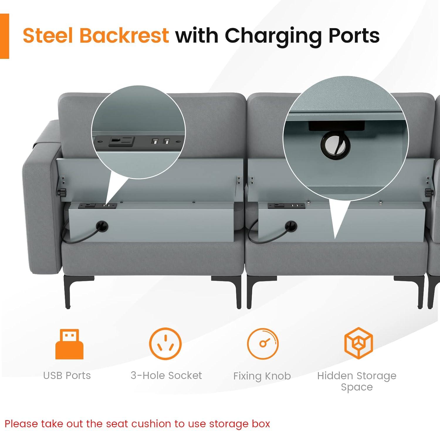 image:imageGiantex 97 Sectional Sofa Couch 3Seater Modular Sleeper with USB Ports 3Hole Socket Thick Cushion 2 Bolsters Armrest Magazine Pocket Metal Legs for Living Room Reception Bedroom Dark GreyGreyorange