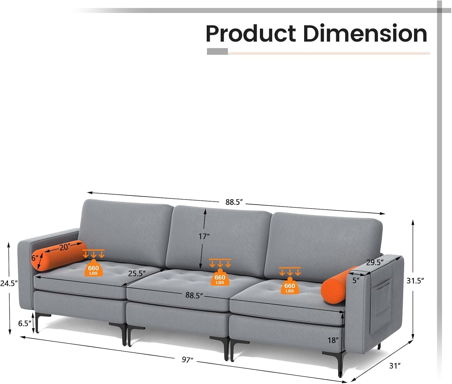image:imageGiantex 97 Sectional Sofa Couch 3Seater Modular Sleeper with USB Ports 3Hole Socket Thick Cushion 2 Bolsters Armrest Magazine Pocket Metal Legs for Living Room Reception Bedroom Dark GreyGreyorange
