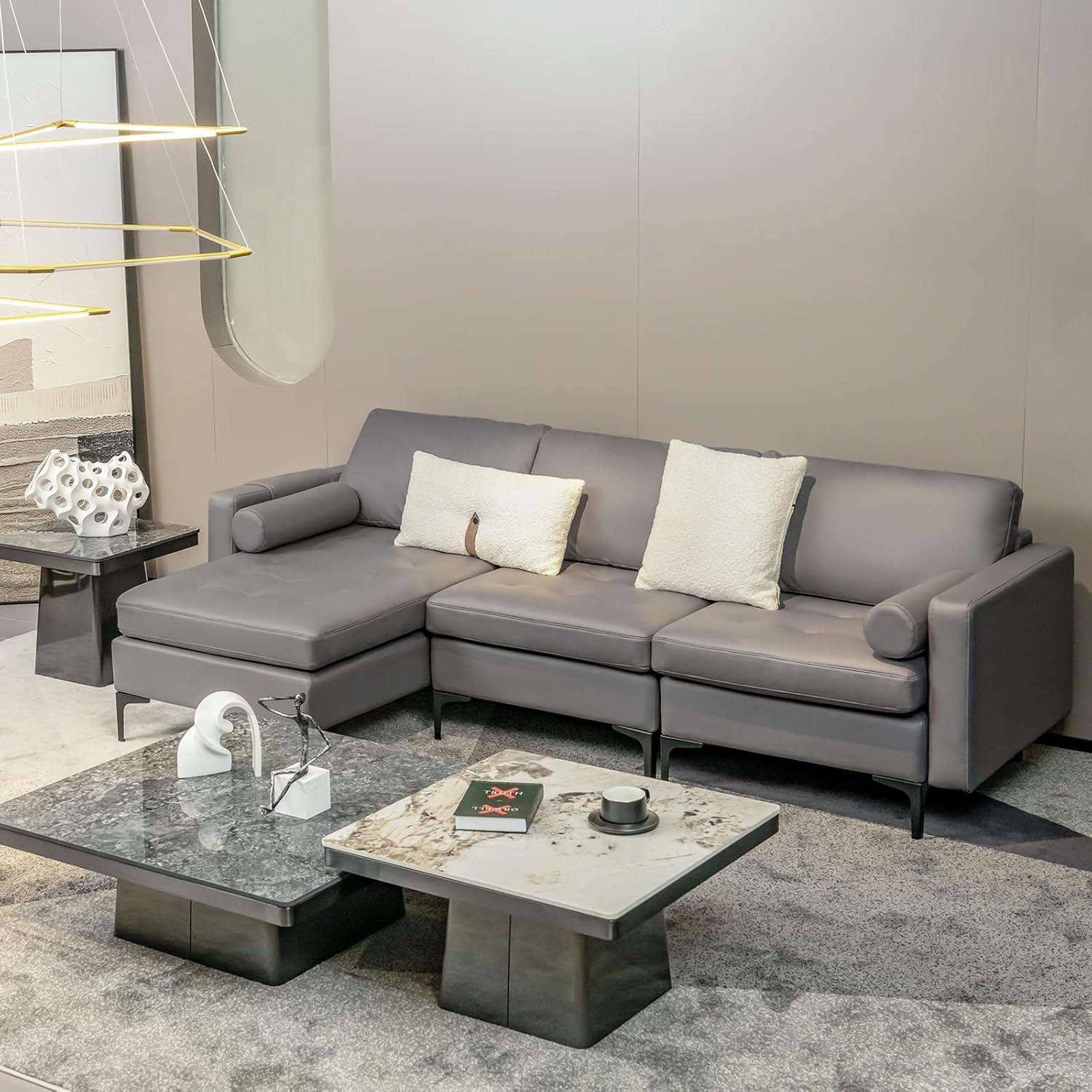 image:imageGiantex 97 Sectional Sofa Couch 3Seater Modular Sleeper with USB Ports 3Hole Socket Thick Cushion 2 Bolsters Armrest Magazine Pocket Metal Legs for Living Room Reception Bedroom Dark GreyDark Grey
