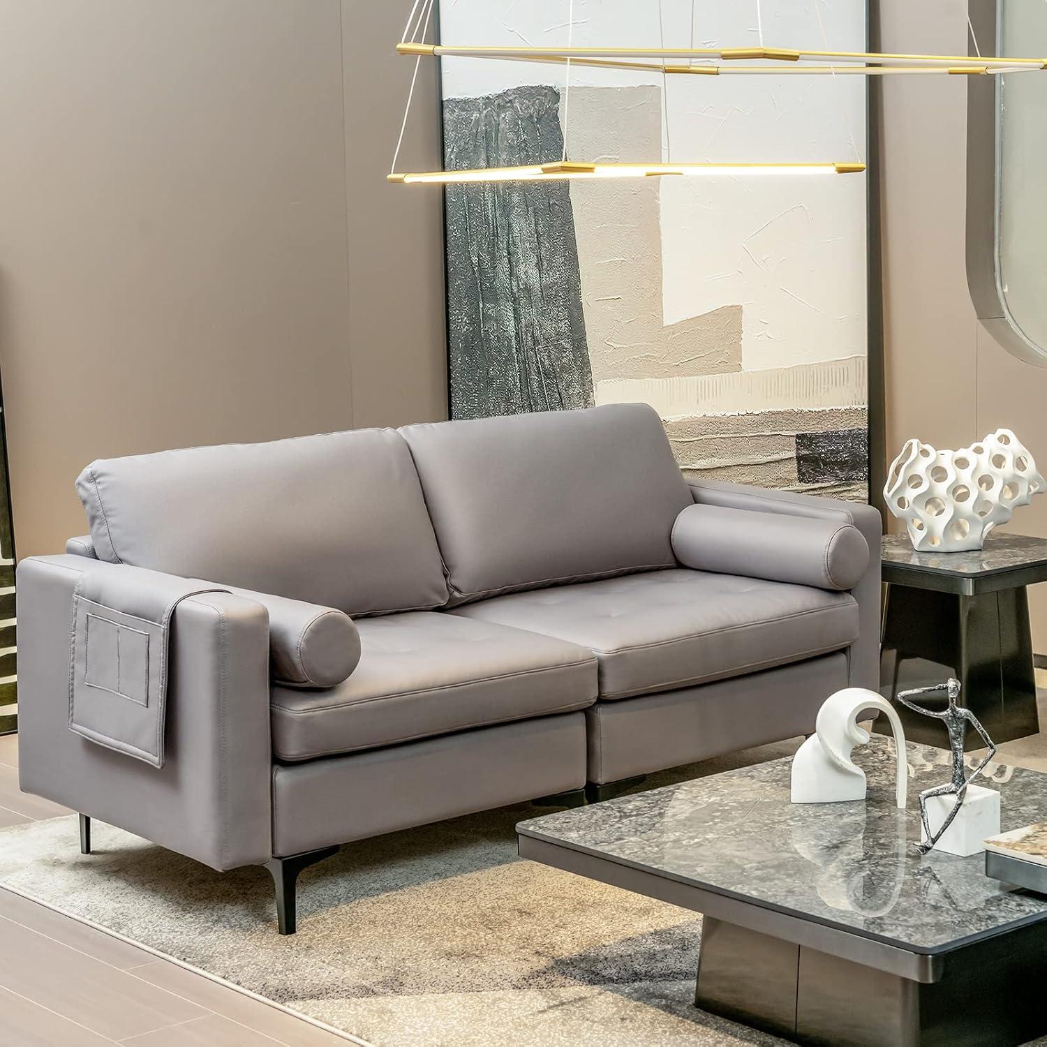 image:imageGiantex 97 Sectional Sofa Couch 3Seater Modular Sleeper with USB Ports 3Hole Socket Thick Cushion 2 Bolsters Armrest Magazine Pocket Metal Legs for Living Room Reception Bedroom Dark GreyDark Grey